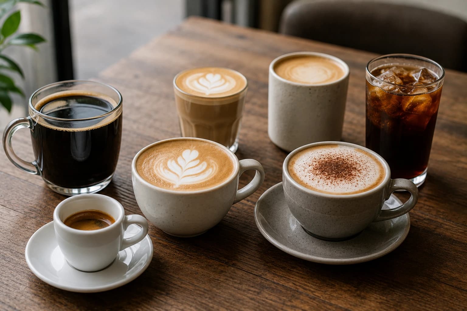 Espresso, black coffee, milk drinks, and iced coffee arranged as a coffee drinks comparison.
