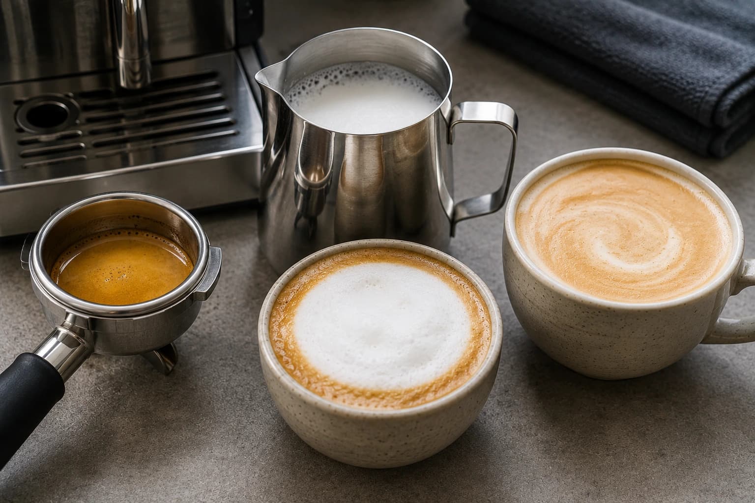 Espresso, steamed milk and small milk coffee drinks arranged beside a home espresso machine