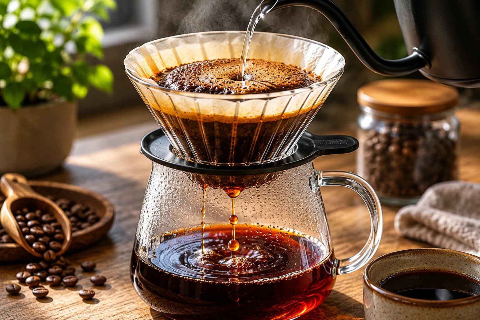 Coffee extraction diagram with ground coffee, water, dissolved solids and tasting notes on a brew bar