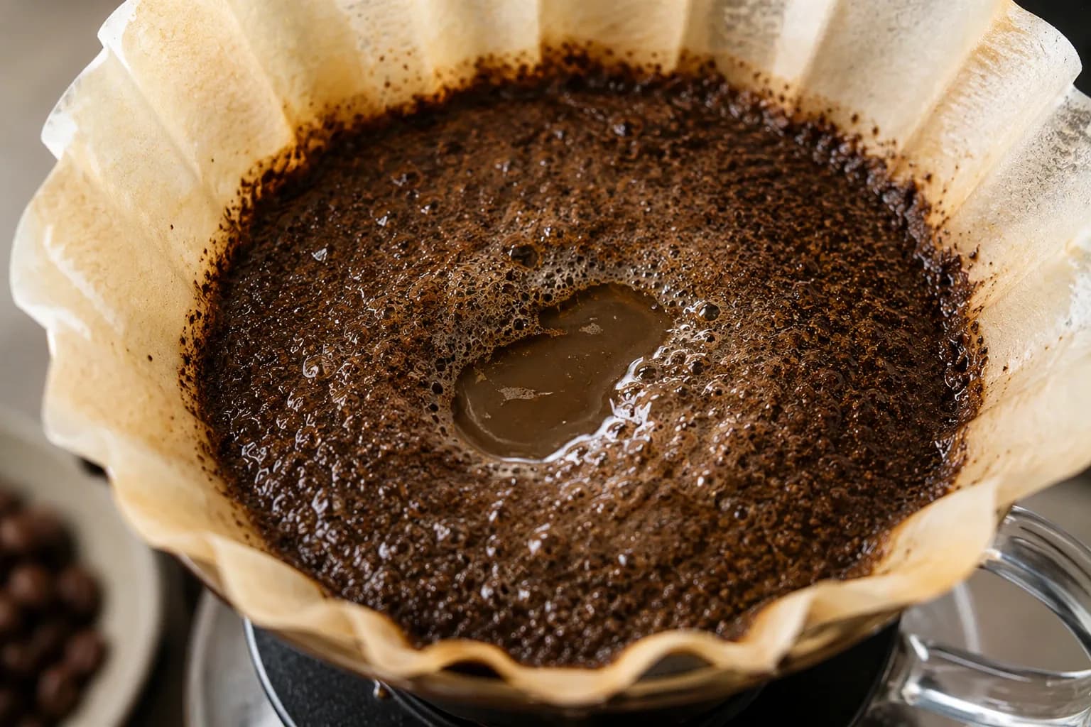 Coffee grounds, brewed cups, and tasting notes arranged for comparing extraction results.