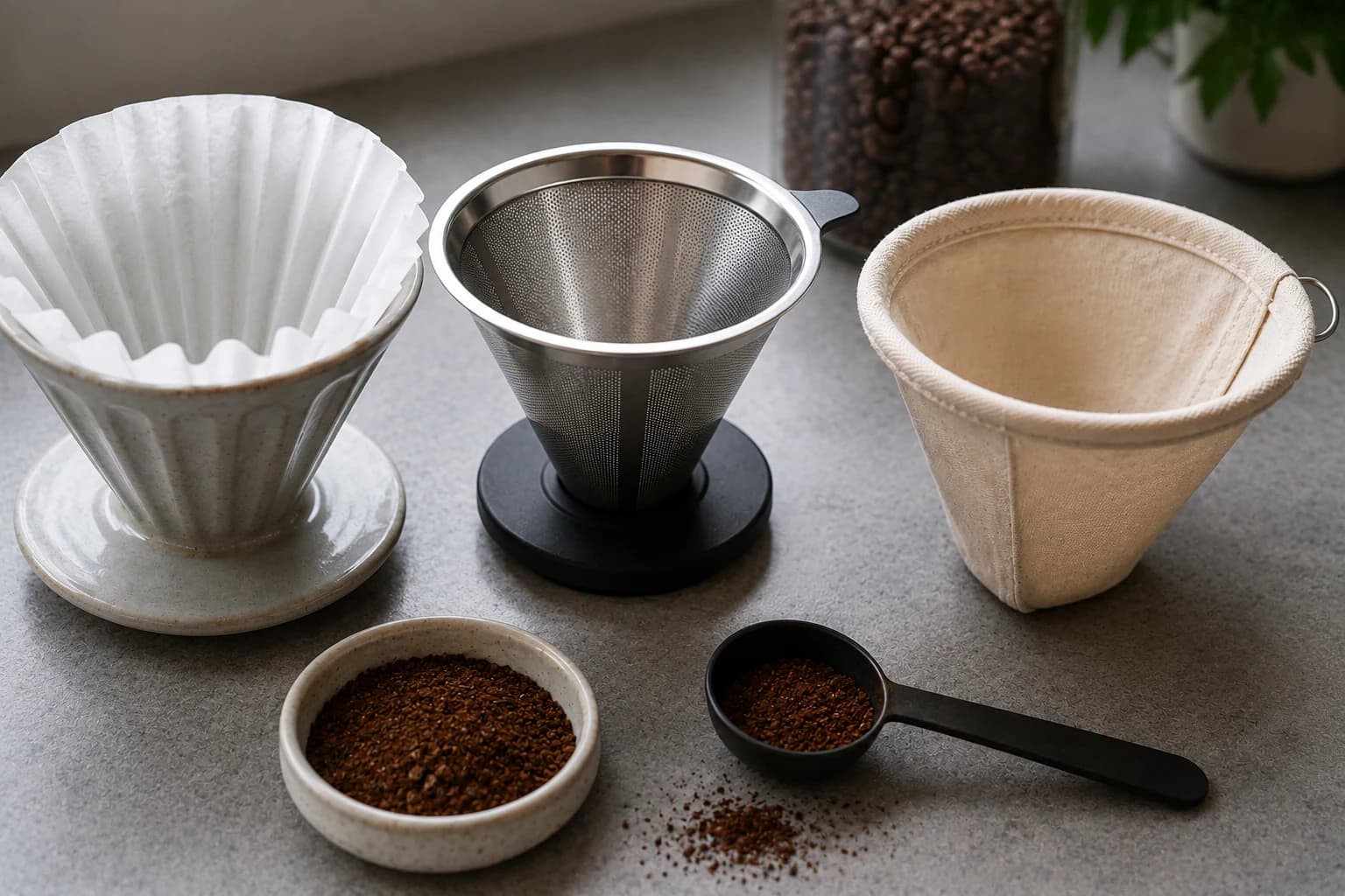 Paper cone, stainless steel mesh, and cloth coffee filters compared with ground coffee.