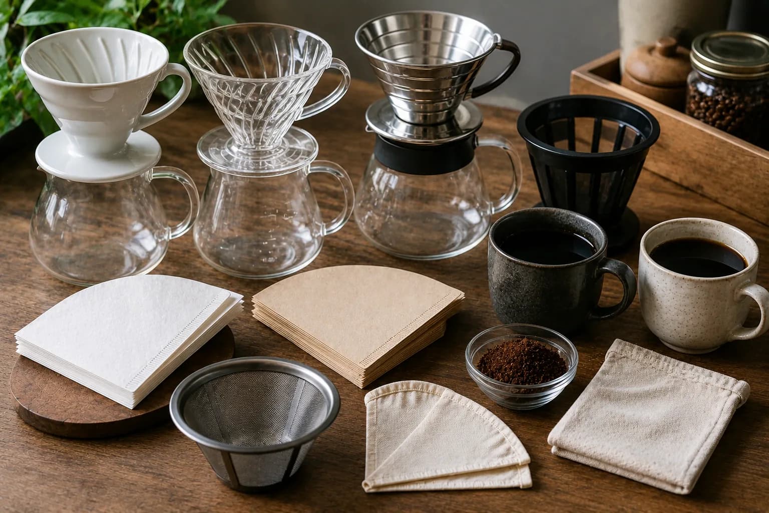 Paper, metal, and cloth coffee filters arranged with pour over brewers and brewed coffee.