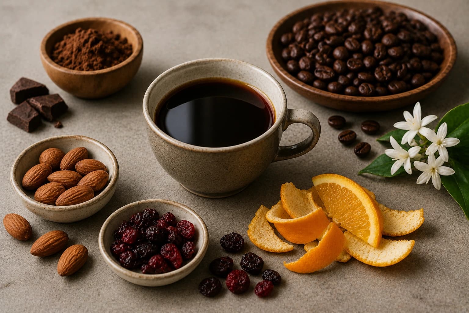 Coffee tasting notebook with black coffee cups and citrus, cocoa, and nut flavor references.