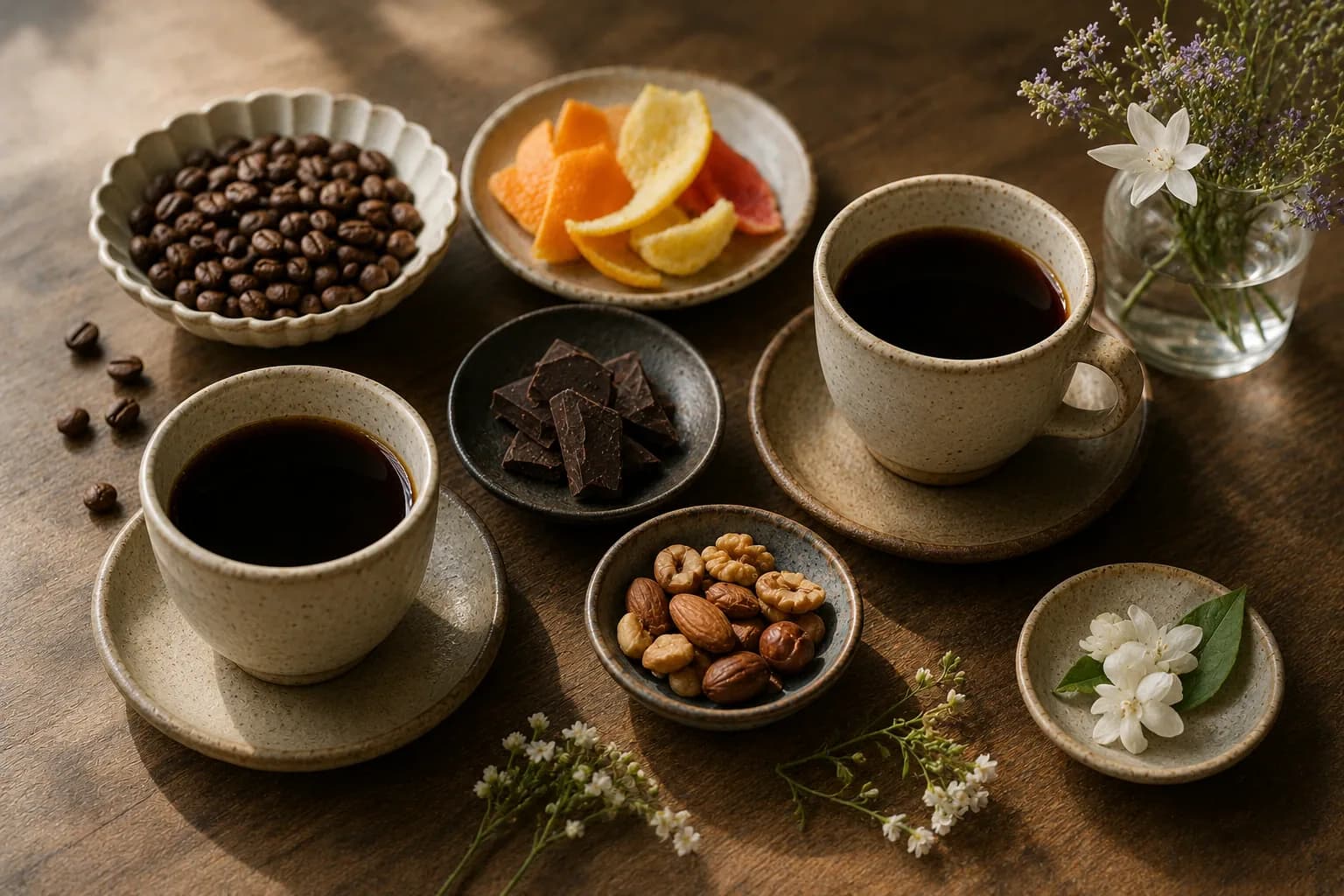 Coffee tasting notes notebook with cups of coffee and flavor references such as citrus, cocoa and nuts