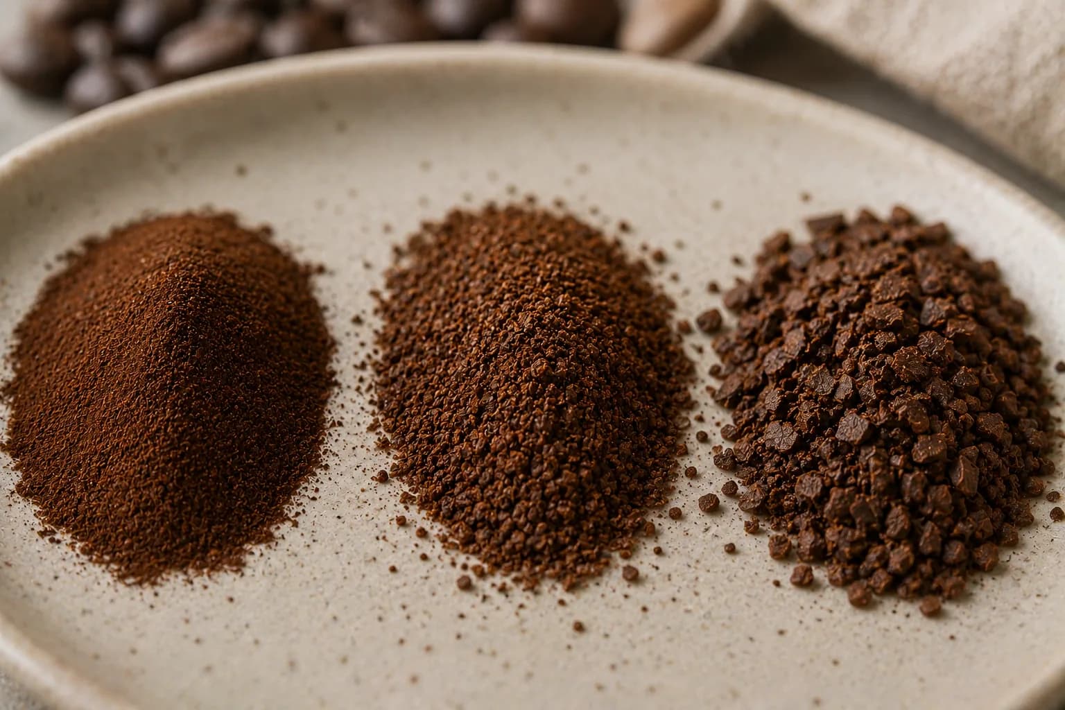 Extra-fine, fine, medium, and coarse coffee grounds arranged as a grind size comparison chart.