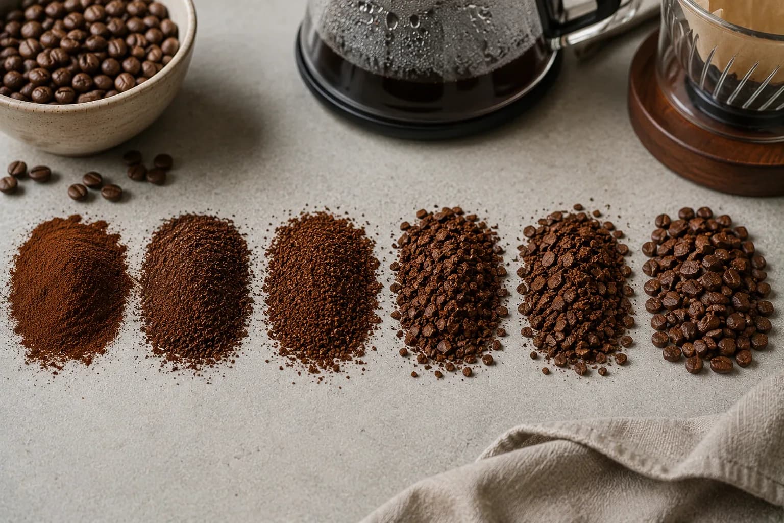 Coffee grind size chart showing grounds from extra fine espresso powder to coarse cold brew grounds