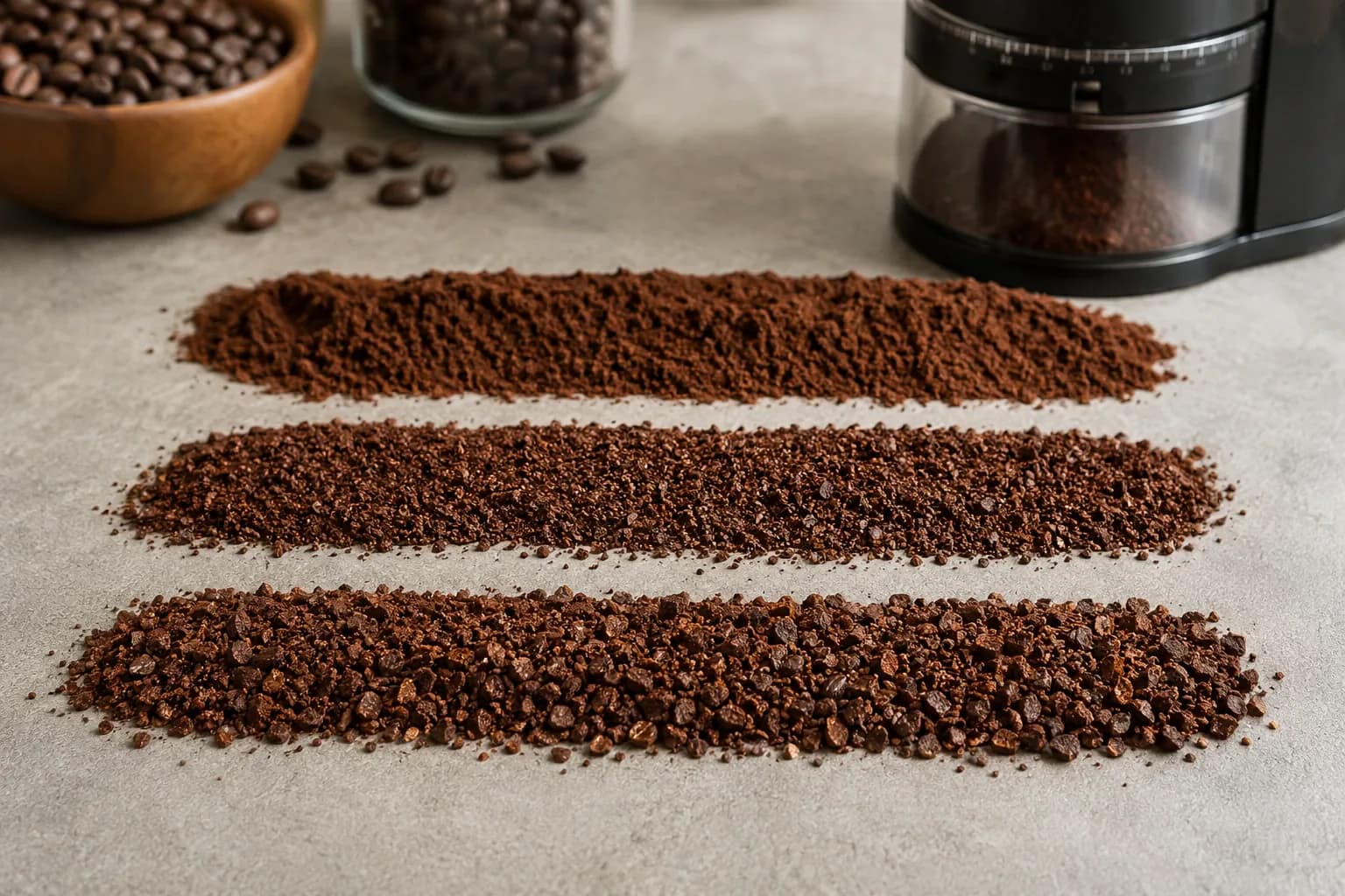 Coffee grinder with fine, medium, and coarse grind samples beside pour over brewing gear.