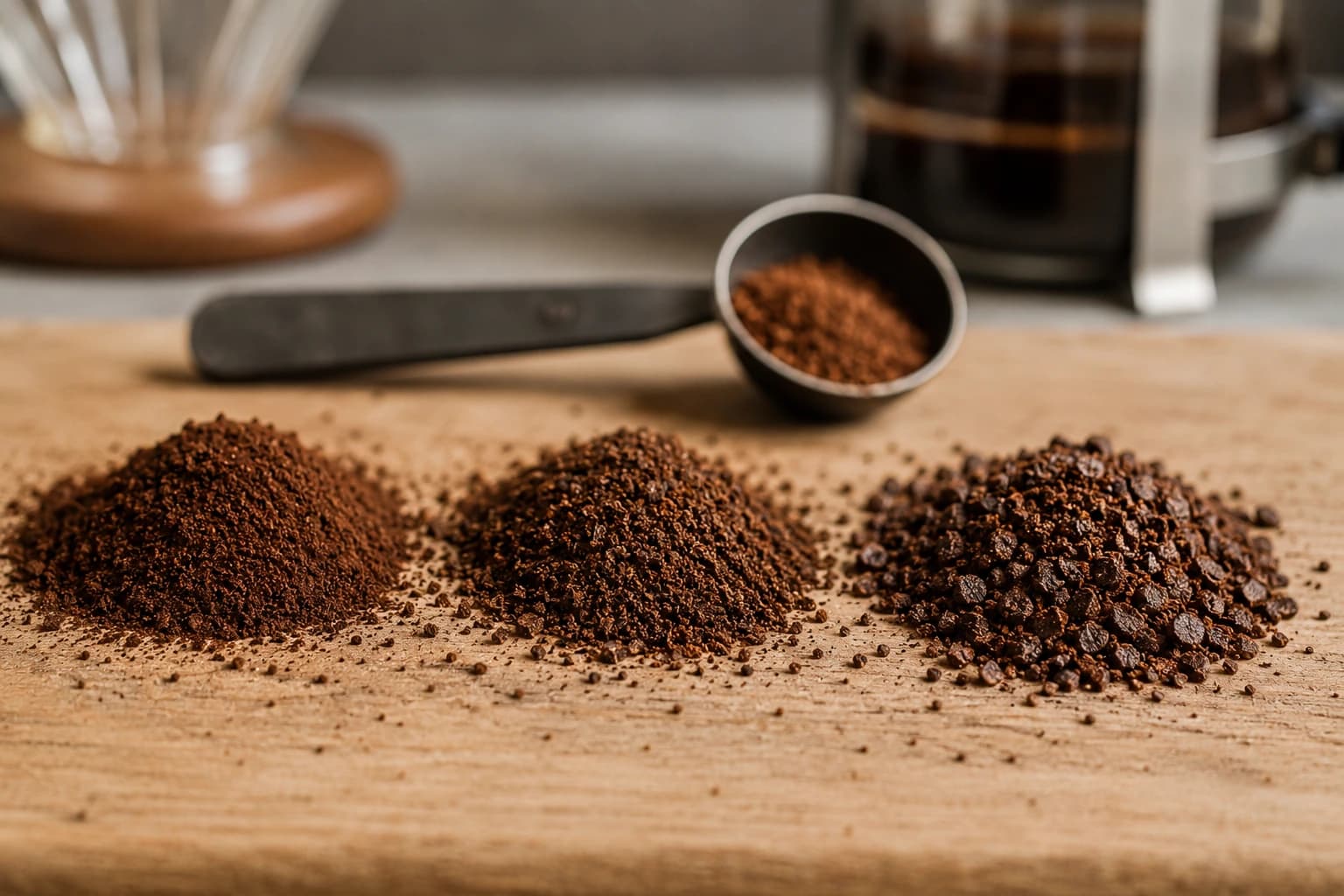 Fine, medium, and coarse coffee grounds displayed as relative grind-size samples near a grinder.