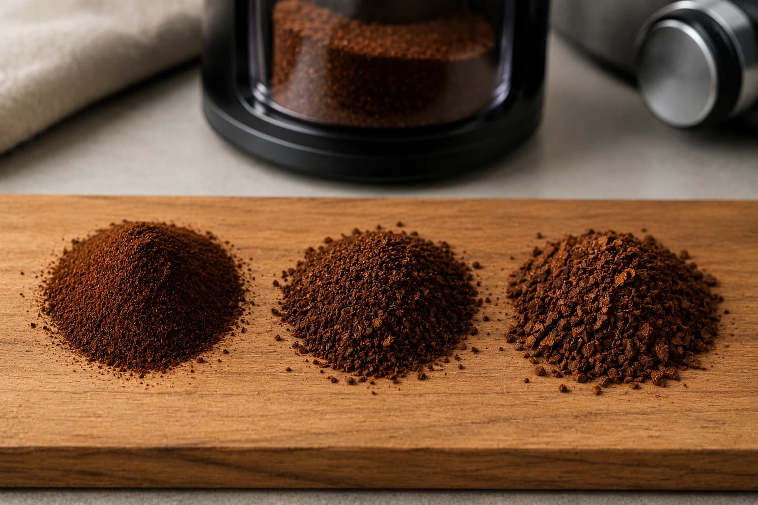 Fine, medium, and coarse coffee grind samples arranged near a burr grinder.