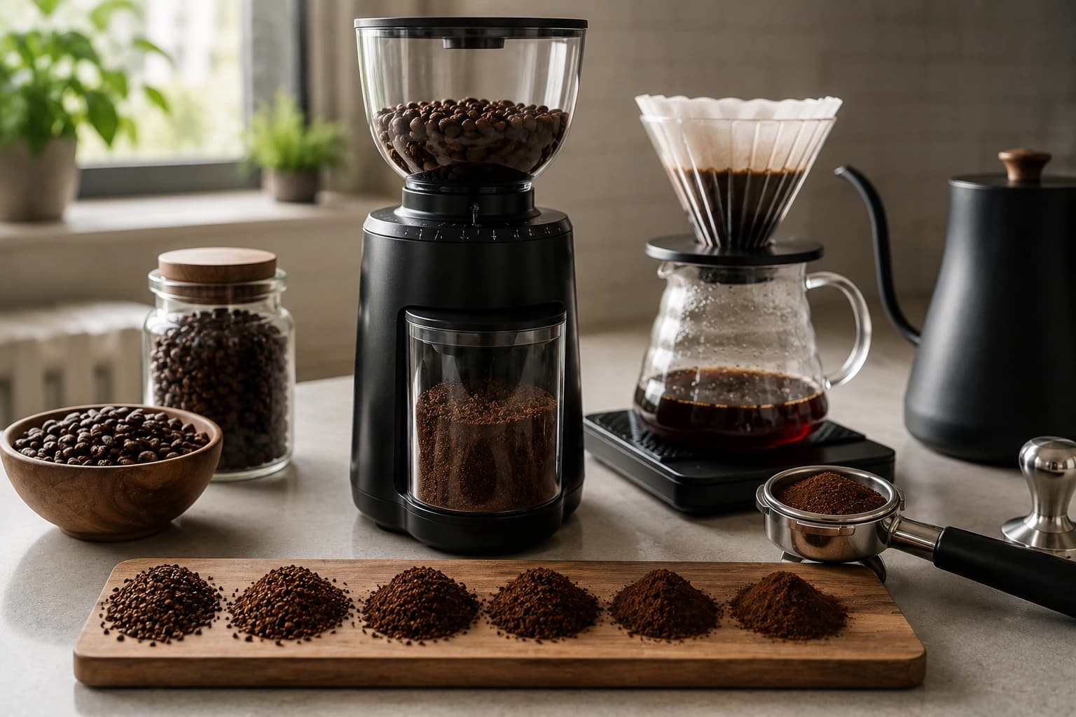 Coffee grinder with grind size samples, beans, portafilter, and pour over equipment.