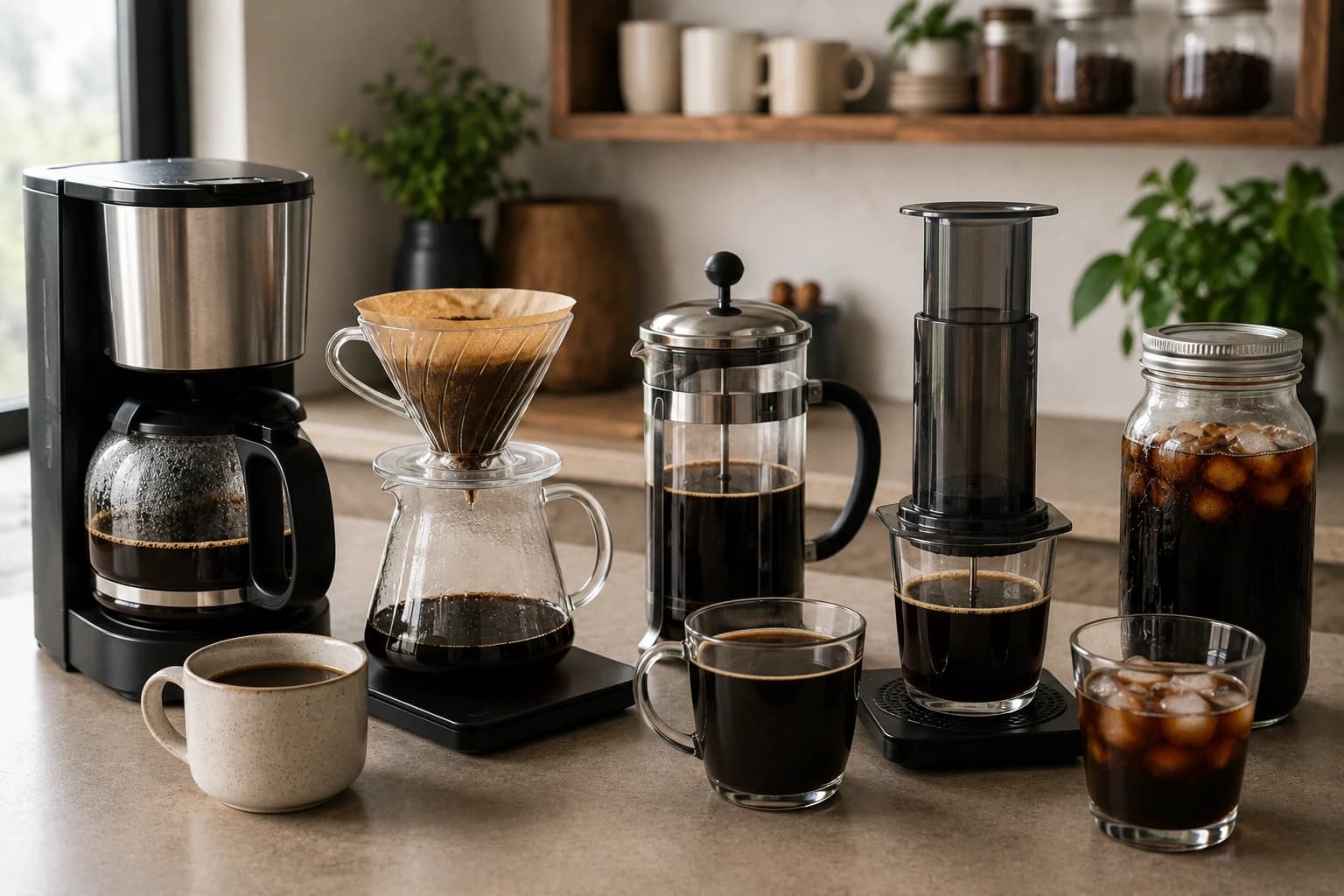 Coffee makers and brewed cups lined up to compare drip, pour over, French press, AeroPress, moka pot, espresso, and cold brew.