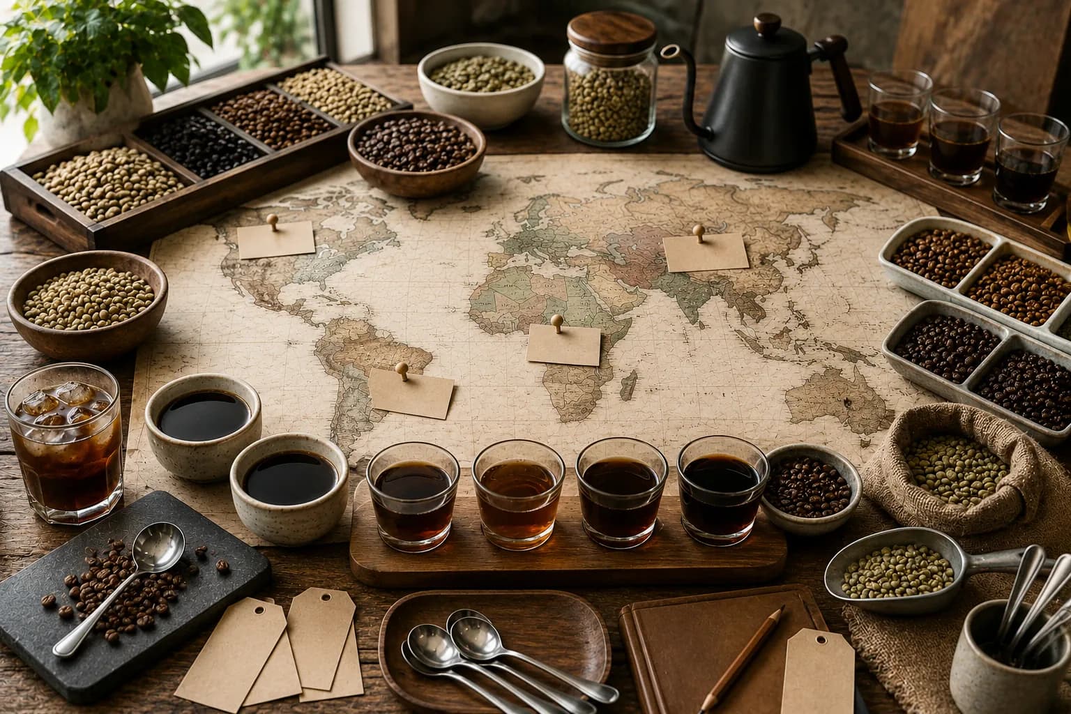 Coffee cupping samples and origin beans arranged for comparing regional flavor profiles.
