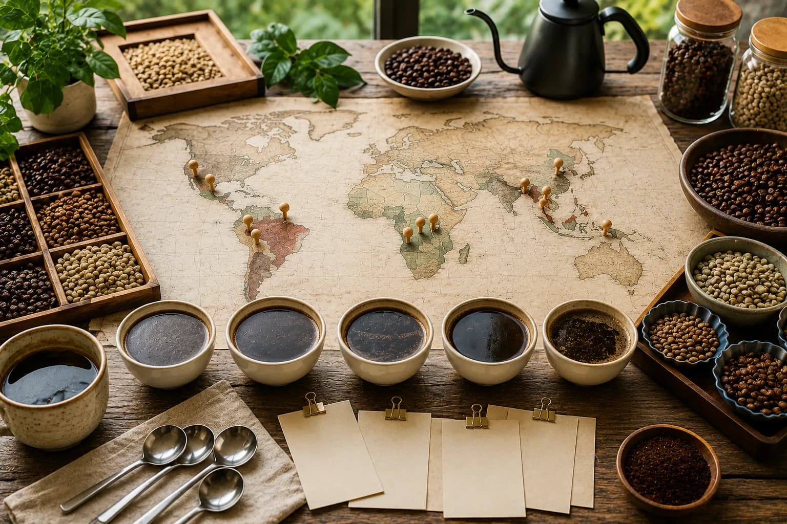 World coffee origins map with tasting cups, green and roasted beans, labels, and research notes.