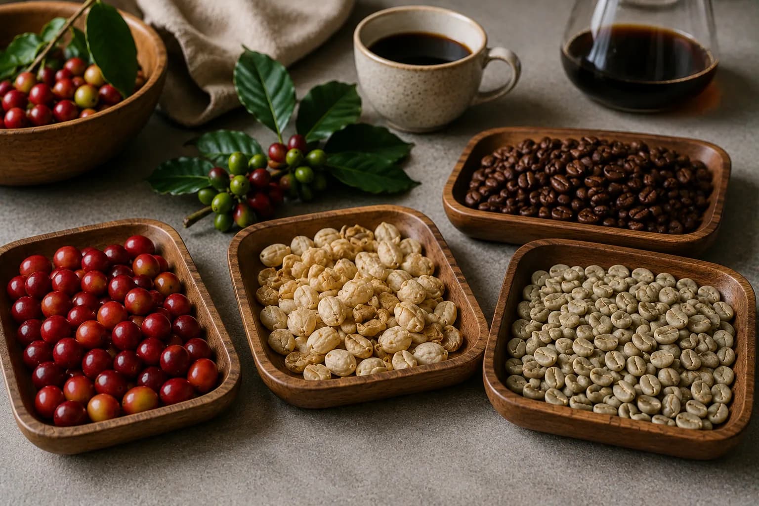 Coffee cherries, parchment coffee and green coffee beans arranged to show coffee processing stages