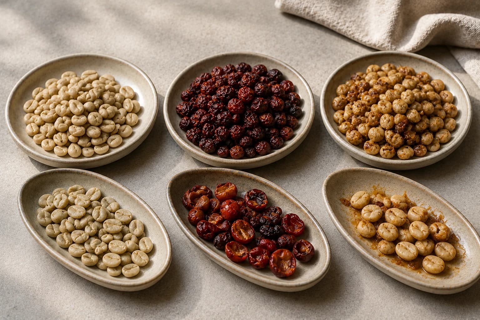 Coffee cherries, parchment coffee, green beans, and roasted beans arranged to compare processing stages.