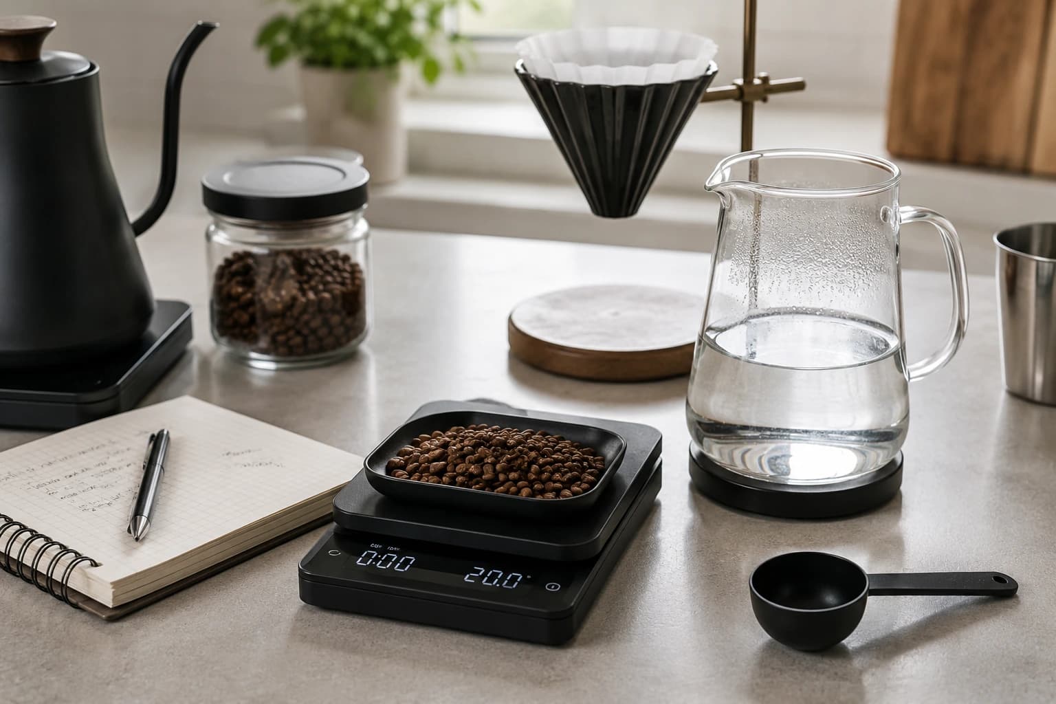 Coffee beans, scale, water, and recipe notes for correcting weak or watery coffee