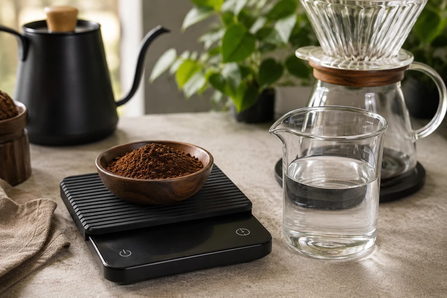 Coffee scale, grounds, and brewing water used to troubleshoot coffee ratio problems