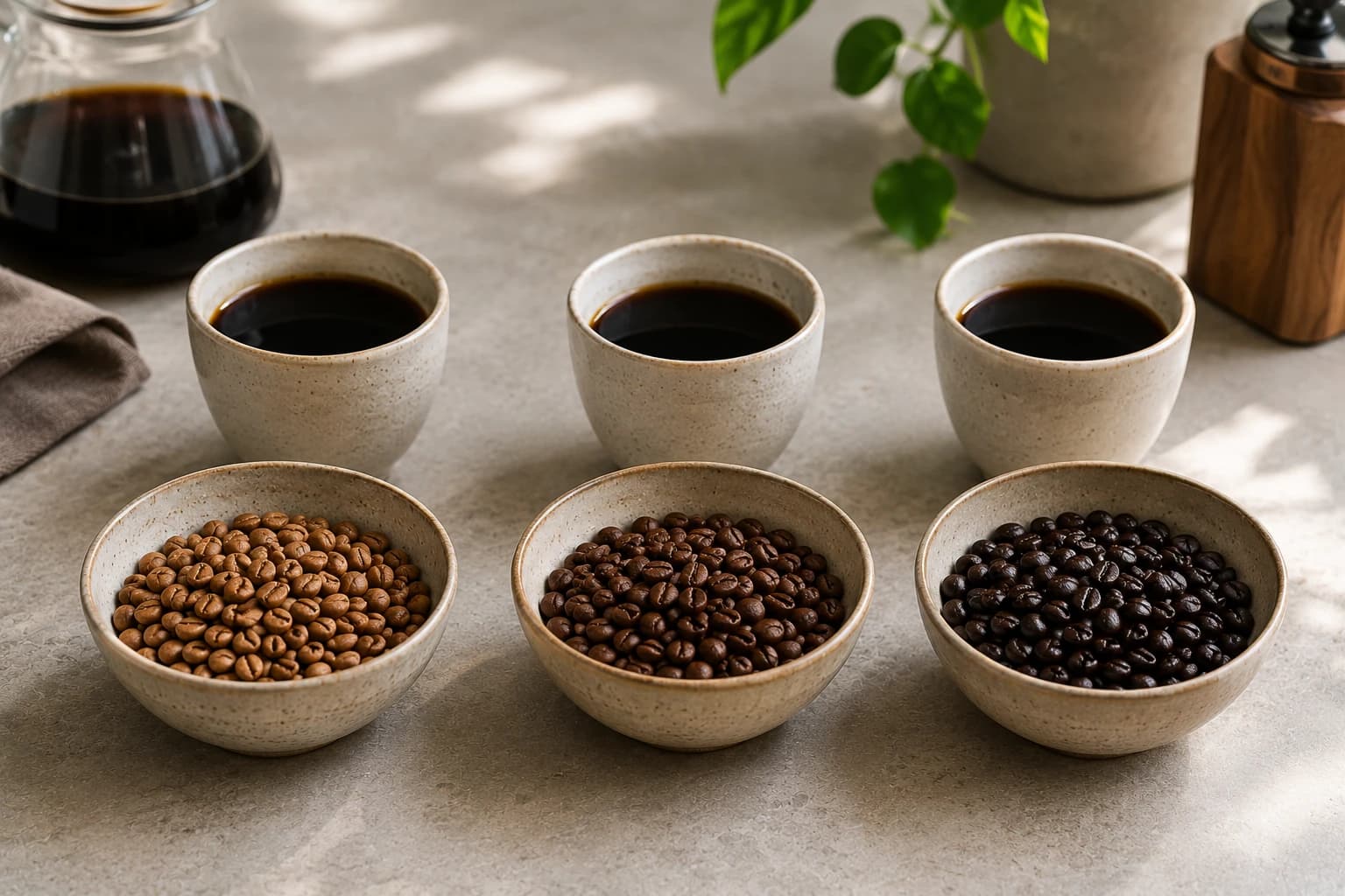 Light, medium, and dark roasted coffee beans compared while diagnosing bitter coffee