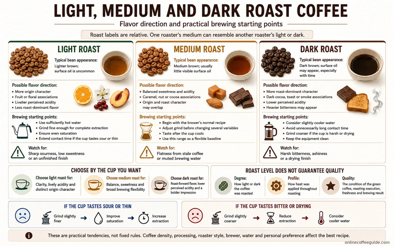 Light, medium, and dark roast coffee comparison with flavor tendencies and brewing starting points.