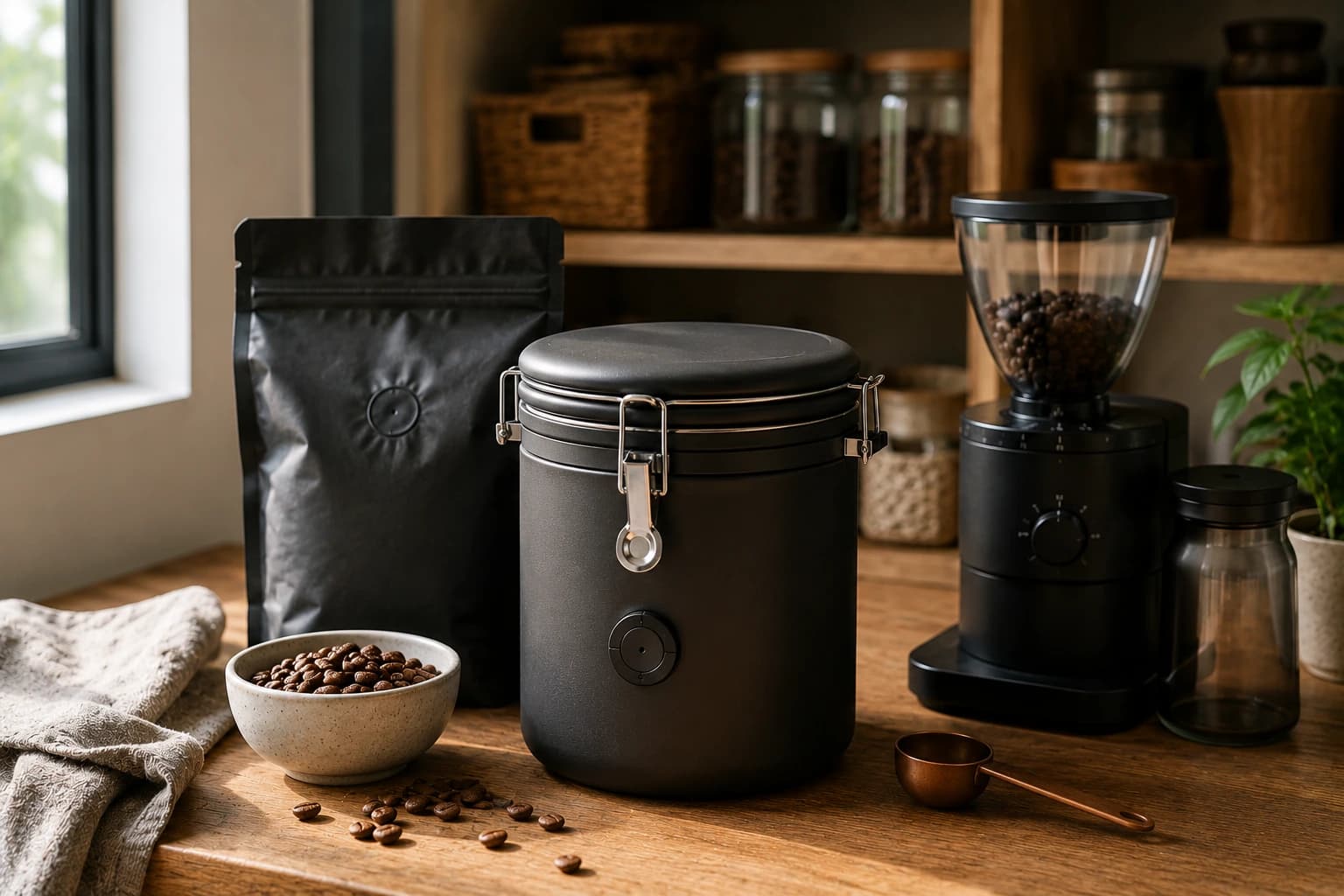 Airtight coffee canister, sealed bag, whole beans, and grinder for coffee storage.