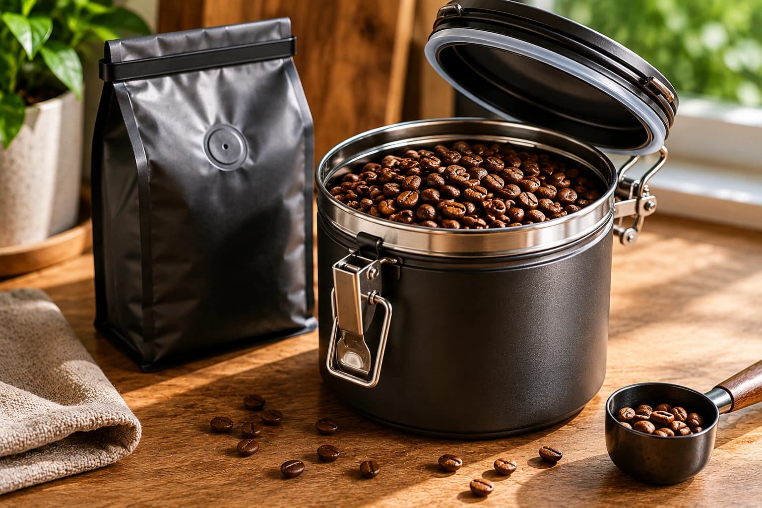 Sealed coffee bag and airtight canister with whole beans for keeping coffee fresh.