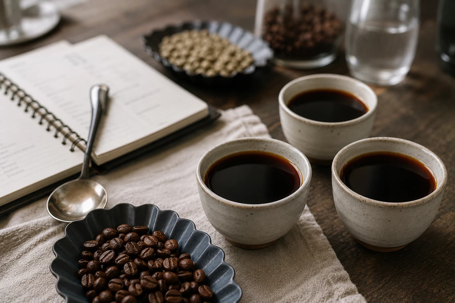 Two cups of black coffee beside a tasting notebook, beans and aroma references for home coffee tasting