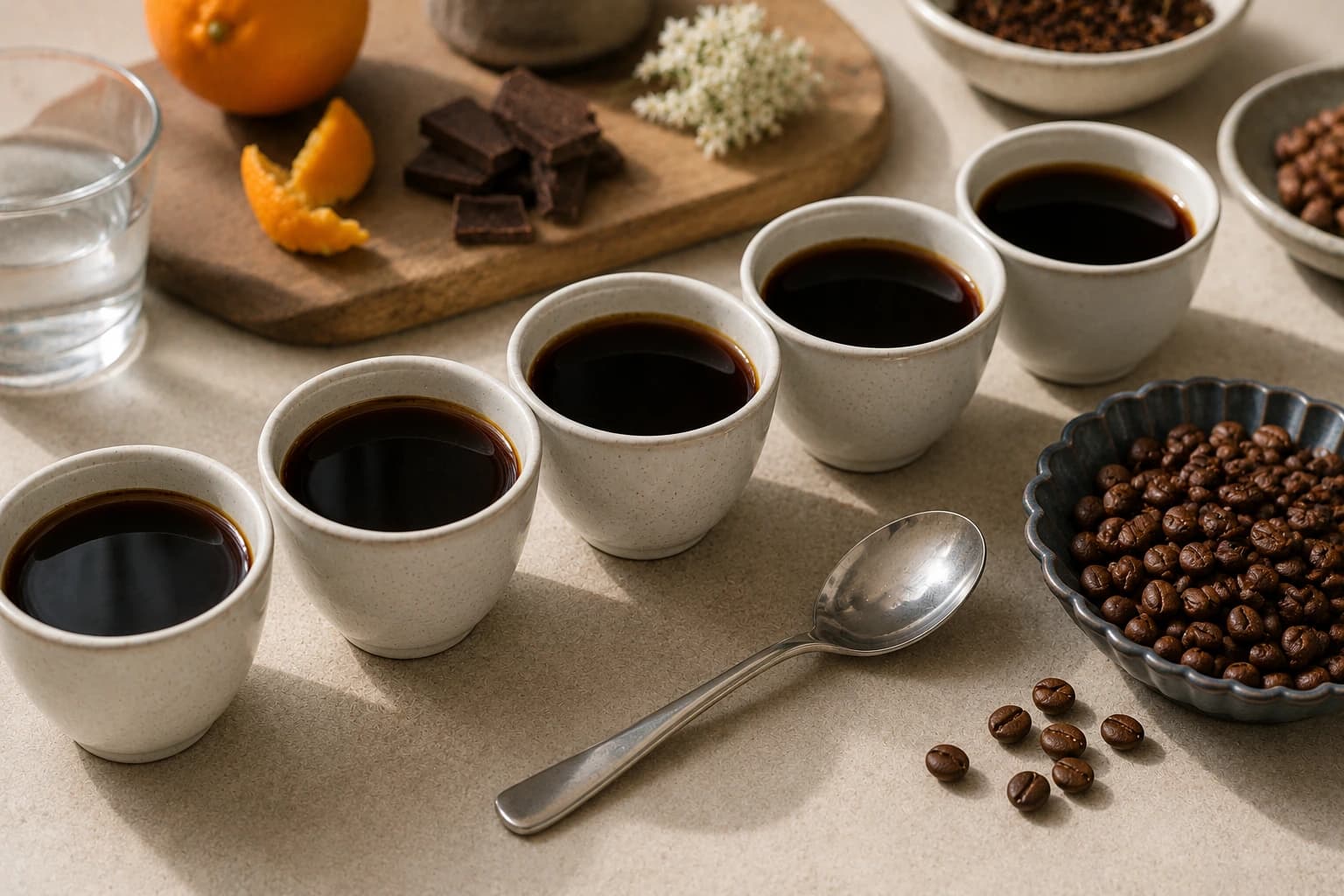 Black coffee cups, beans, tasting spoon, and notebook arranged for a home coffee tasting session.