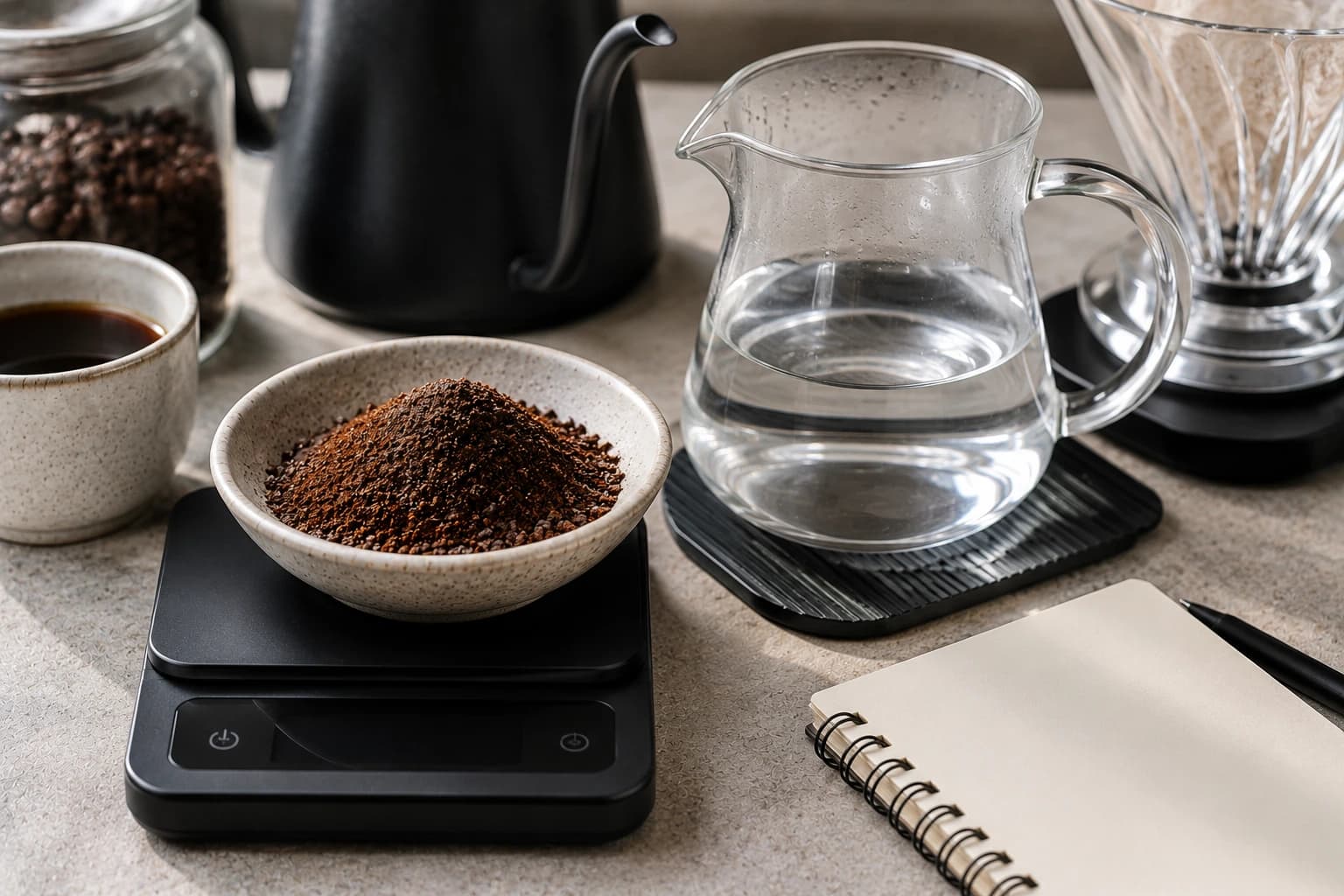 Coffee grounds and brewing water measured on a digital scale for setting a coffee to water ratio.