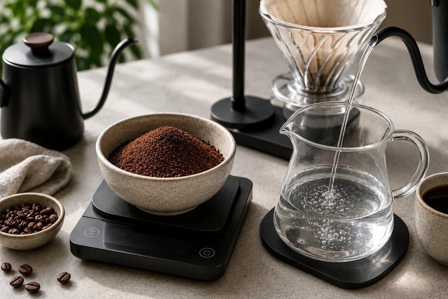 Coffee scale measuring ground coffee and water for a precise coffee to water ratio