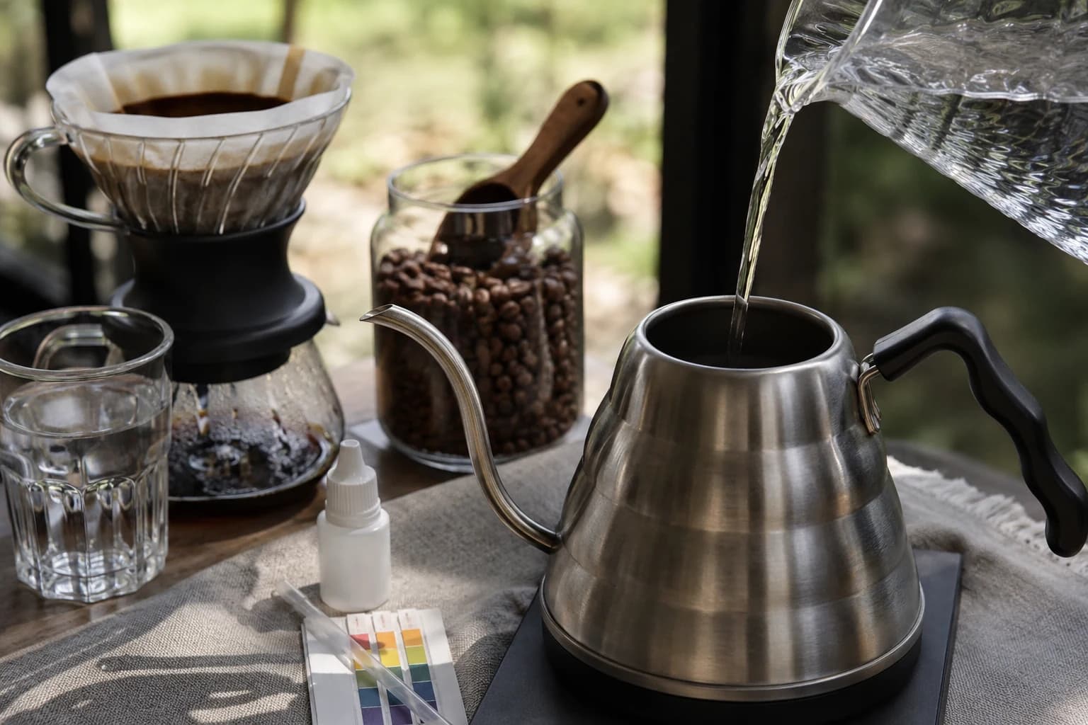 Brewing water, pH strips, coffee beans, and pour over gear for checking coffee water quality.