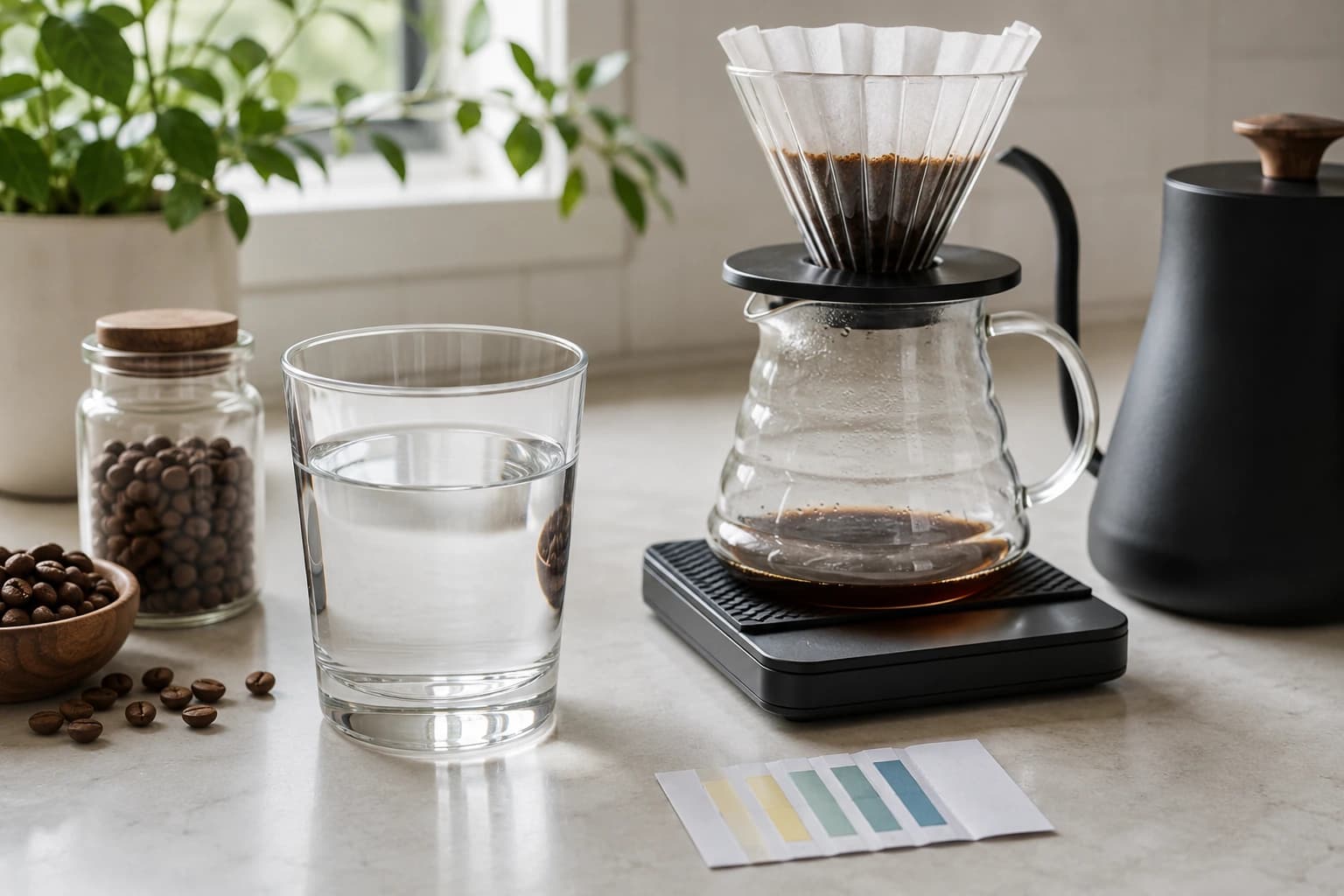 Filtered water, coffee grounds, scale, and pour over setup for coffee brewing water quality.