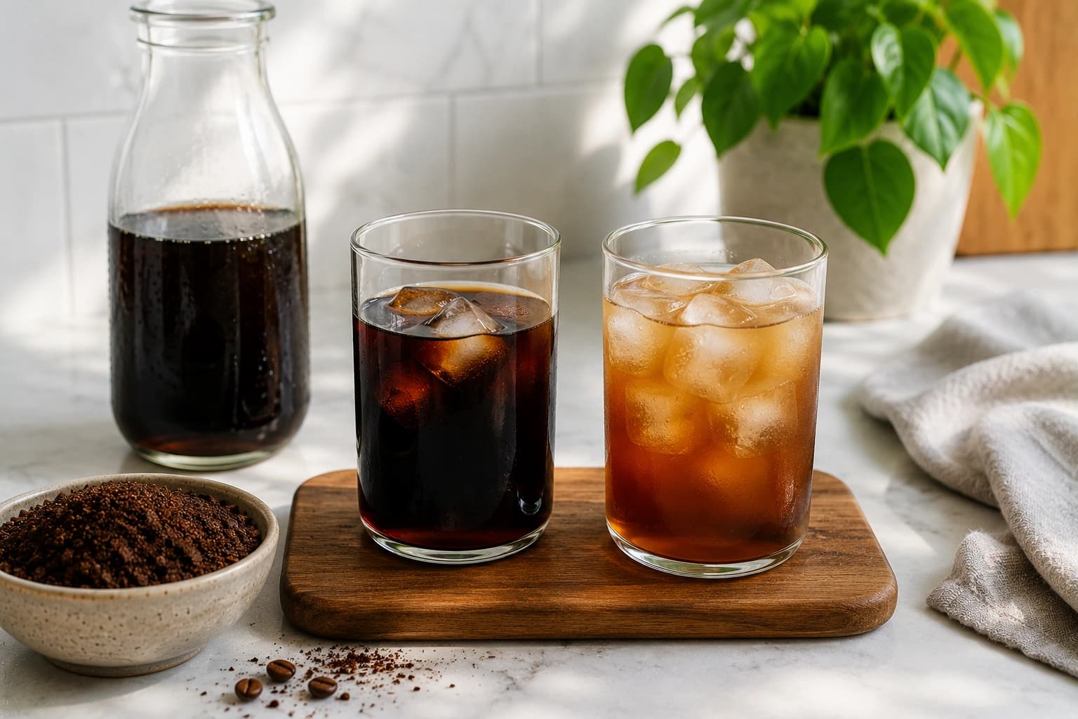 Cold brew concentrate and ready-to-drink cold brew served over ice beside a bottle and coarse coffee grounds.