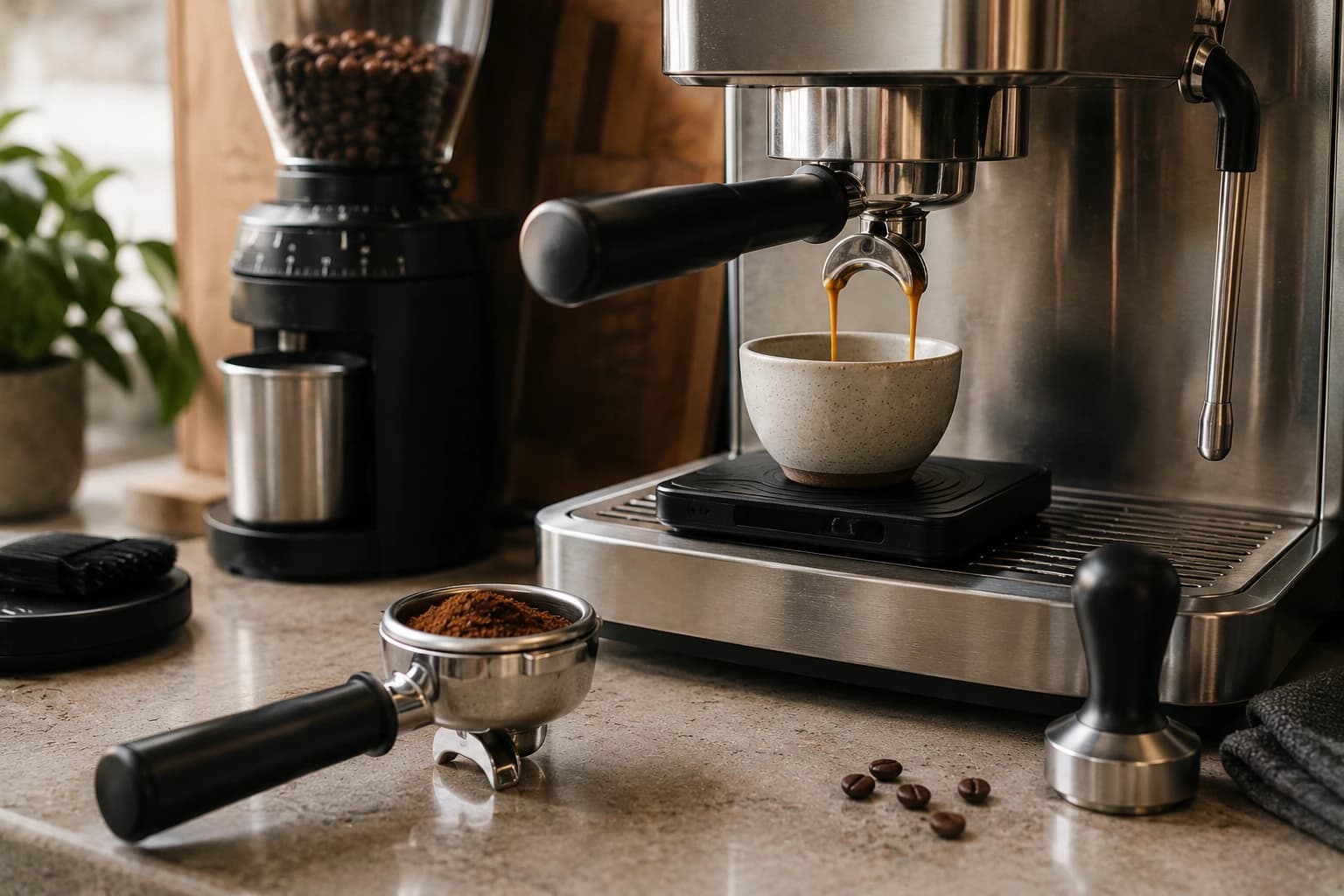 Espresso flowing into a ceramic cup on a digital scale beside a grinder during a measured dial-in session.