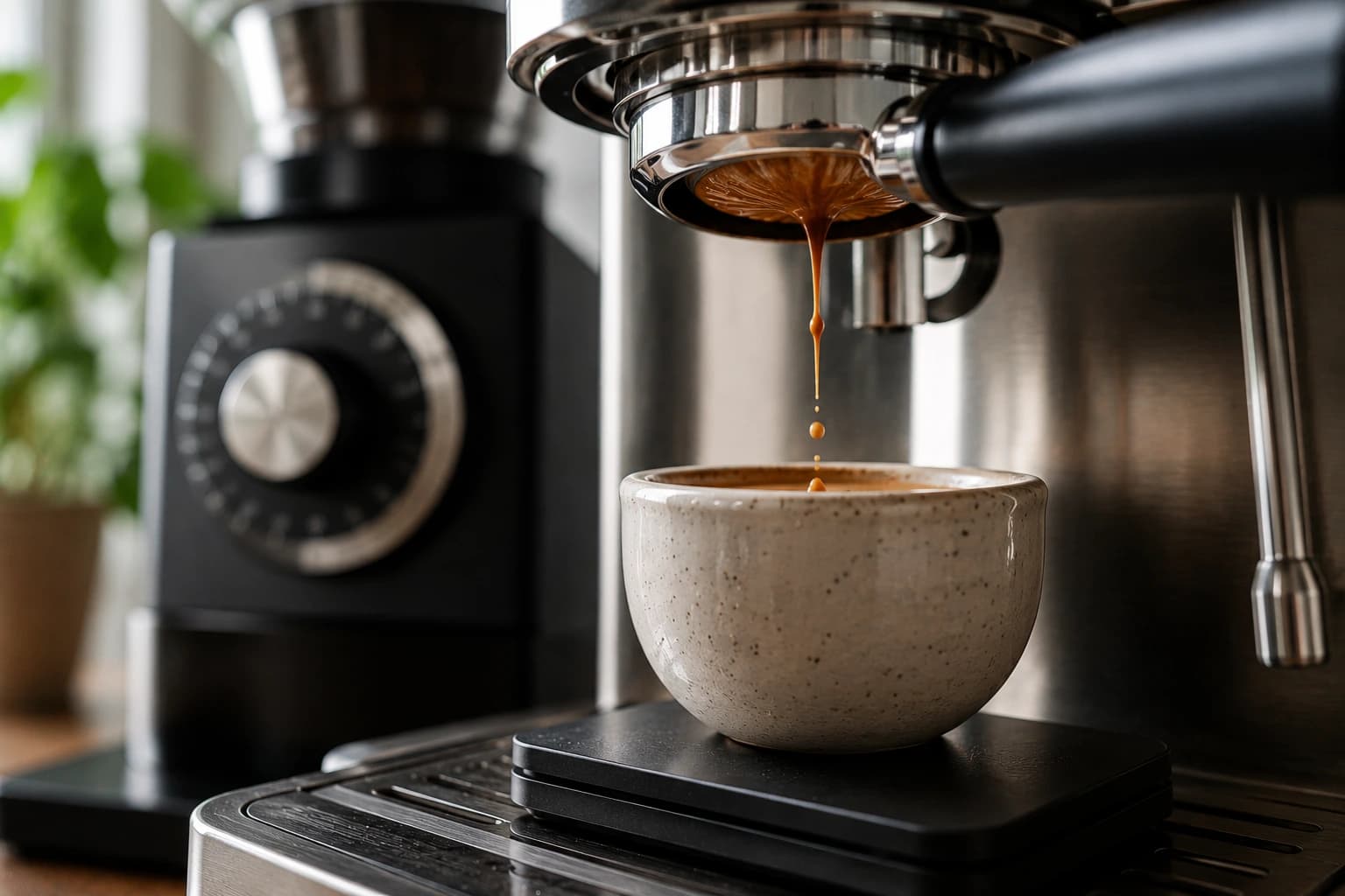 Espresso dripping from a bottomless portafilter into a ceramic cup on a digital scale during dial-in.