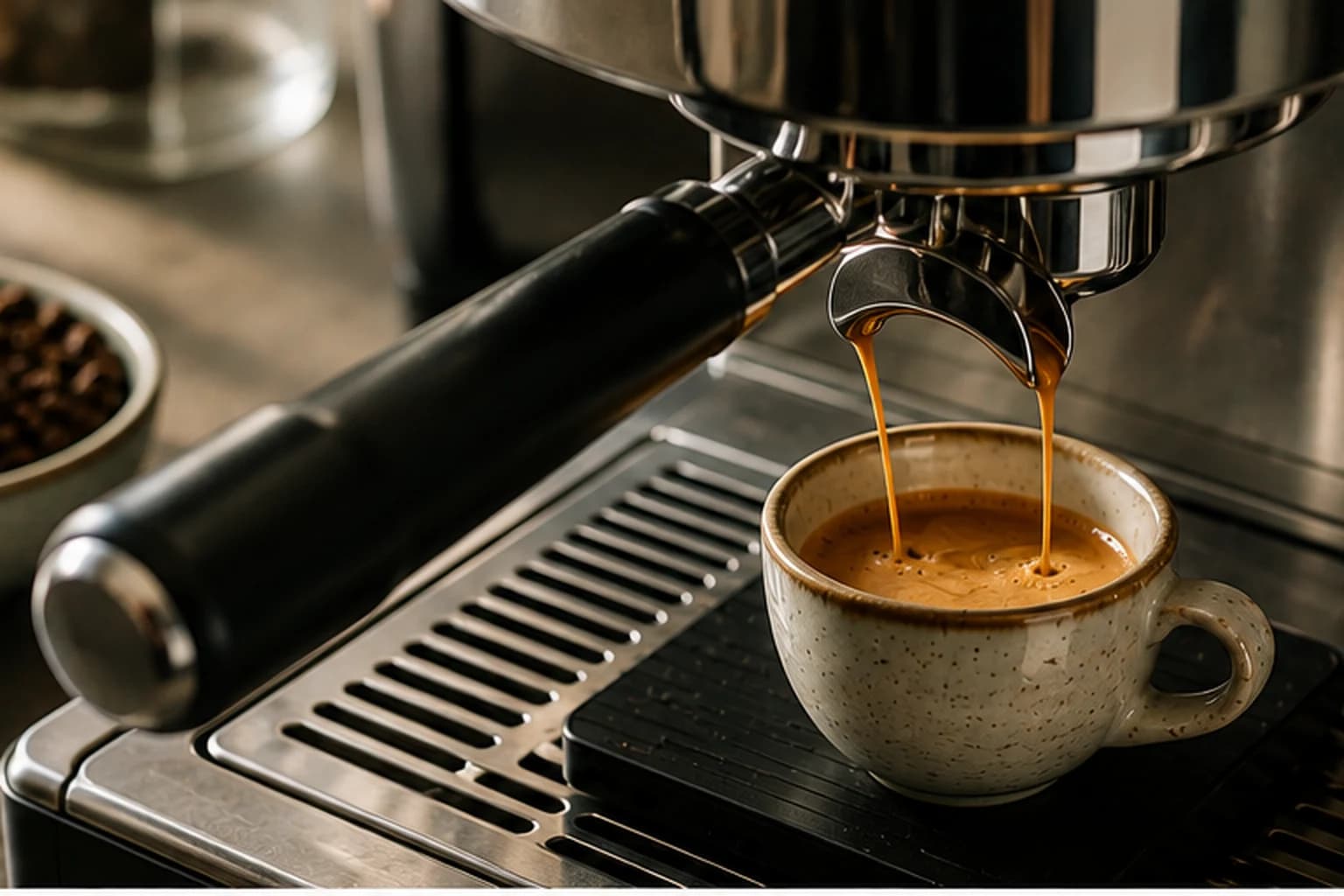 Fresh espresso flowing into a speckled ceramic cup on a digital scale during a home brewing session.