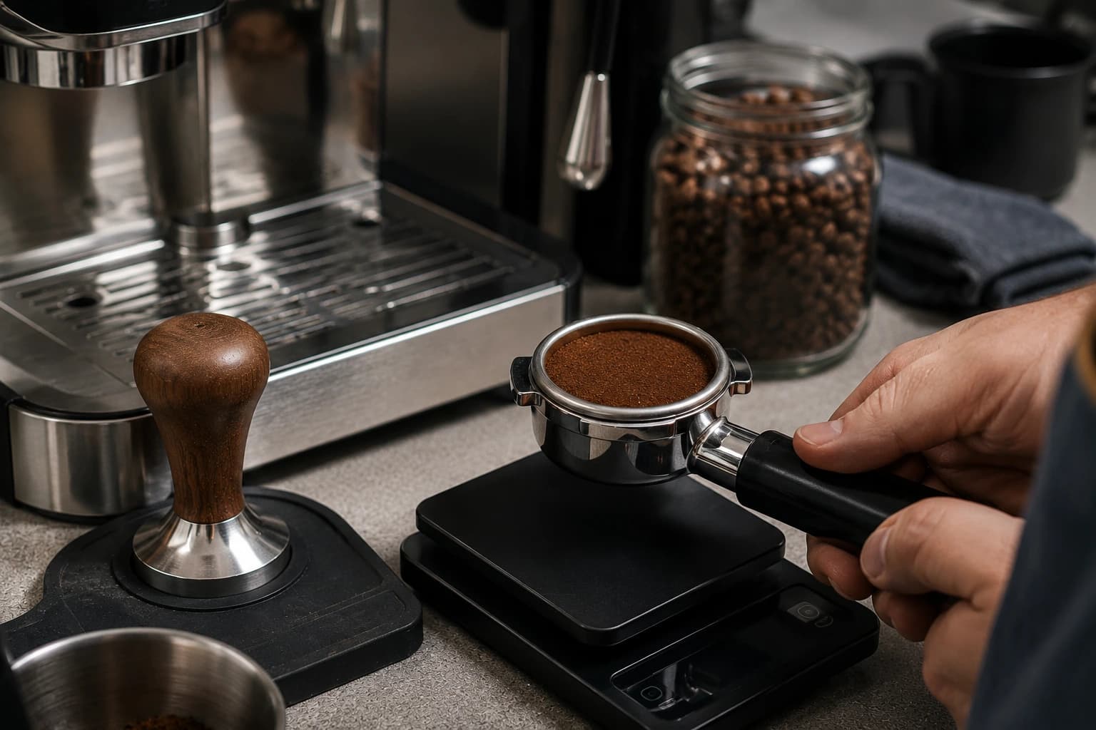 Filled espresso portafilter on a digital scale beside a tamper, espresso machine, and coffee beans.