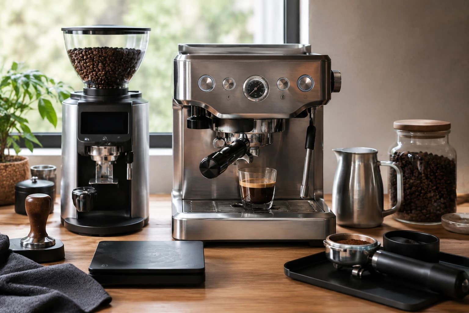 Stainless home espresso machine beside a grinder, scale, tamper, milk pitcher, portafilter, and coffee beans.