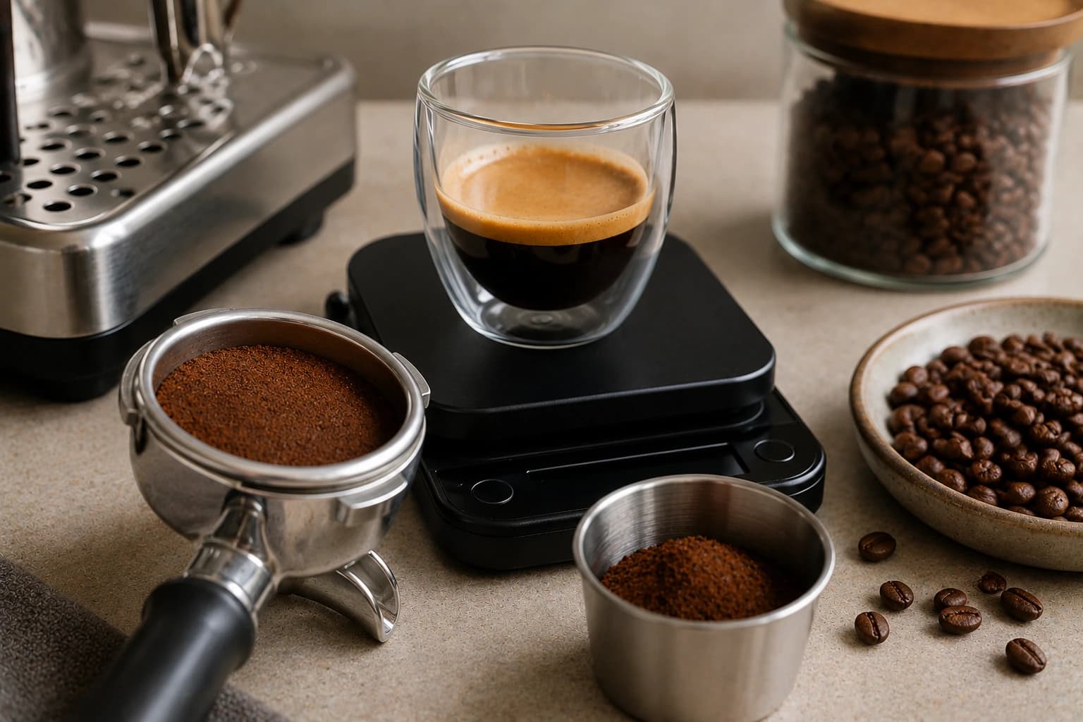 Double-wall espresso glass on a digital scale beside a filled portafilter and dosing cup for measuring dose and beverage yield.