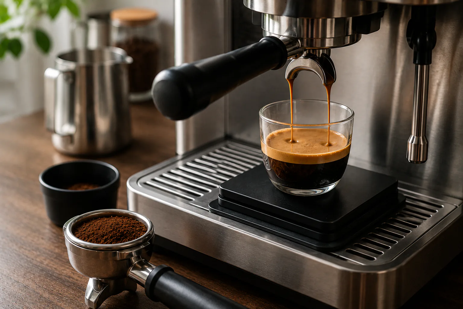 Espresso flowing into a clear glass on a digital scale beside a filled portafilter for measuring dose and beverage yield.