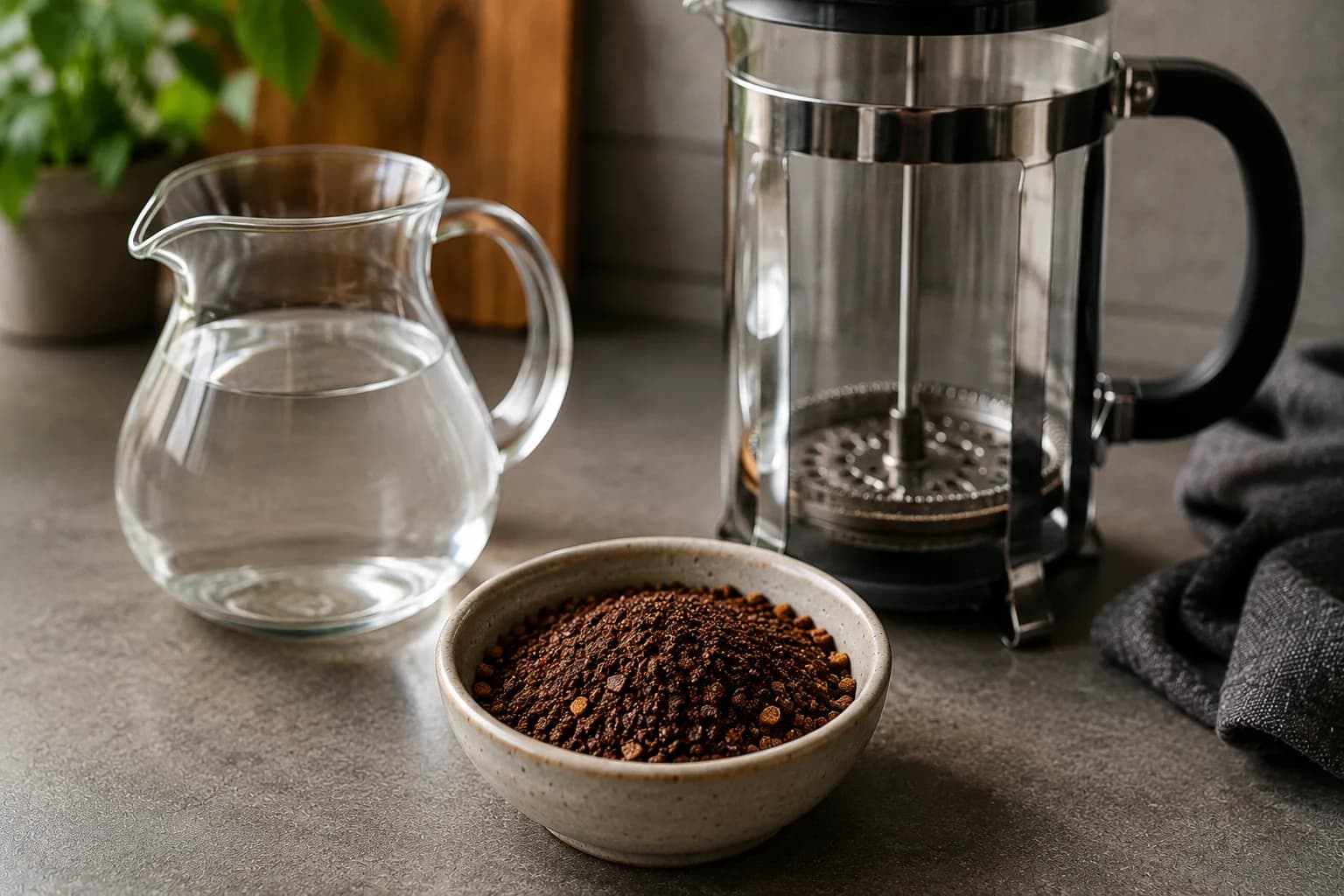 Coarse French press coffee grounds beside a metal plunger filter.
