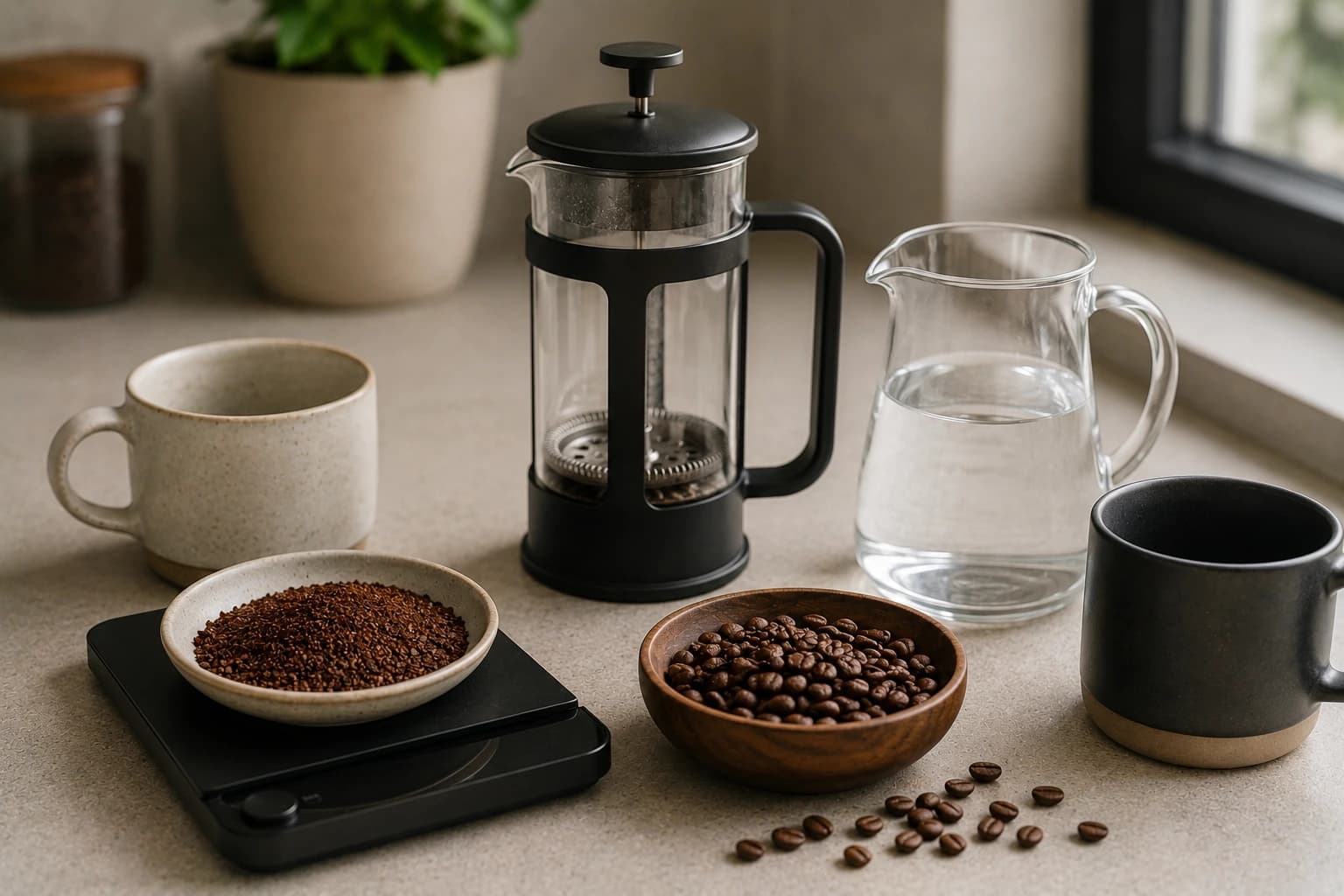French press coffee setup with coarse grounds weighed on a scale, beans, water, and mugs.