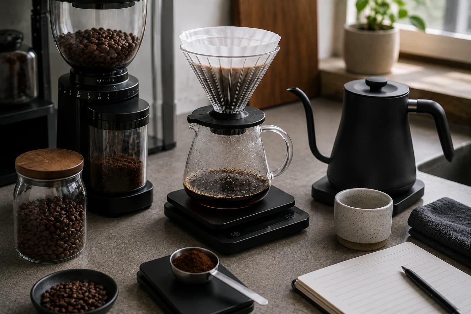 Home coffee setup with espresso tools, scale, tamper, grinder, and pour over equipment.