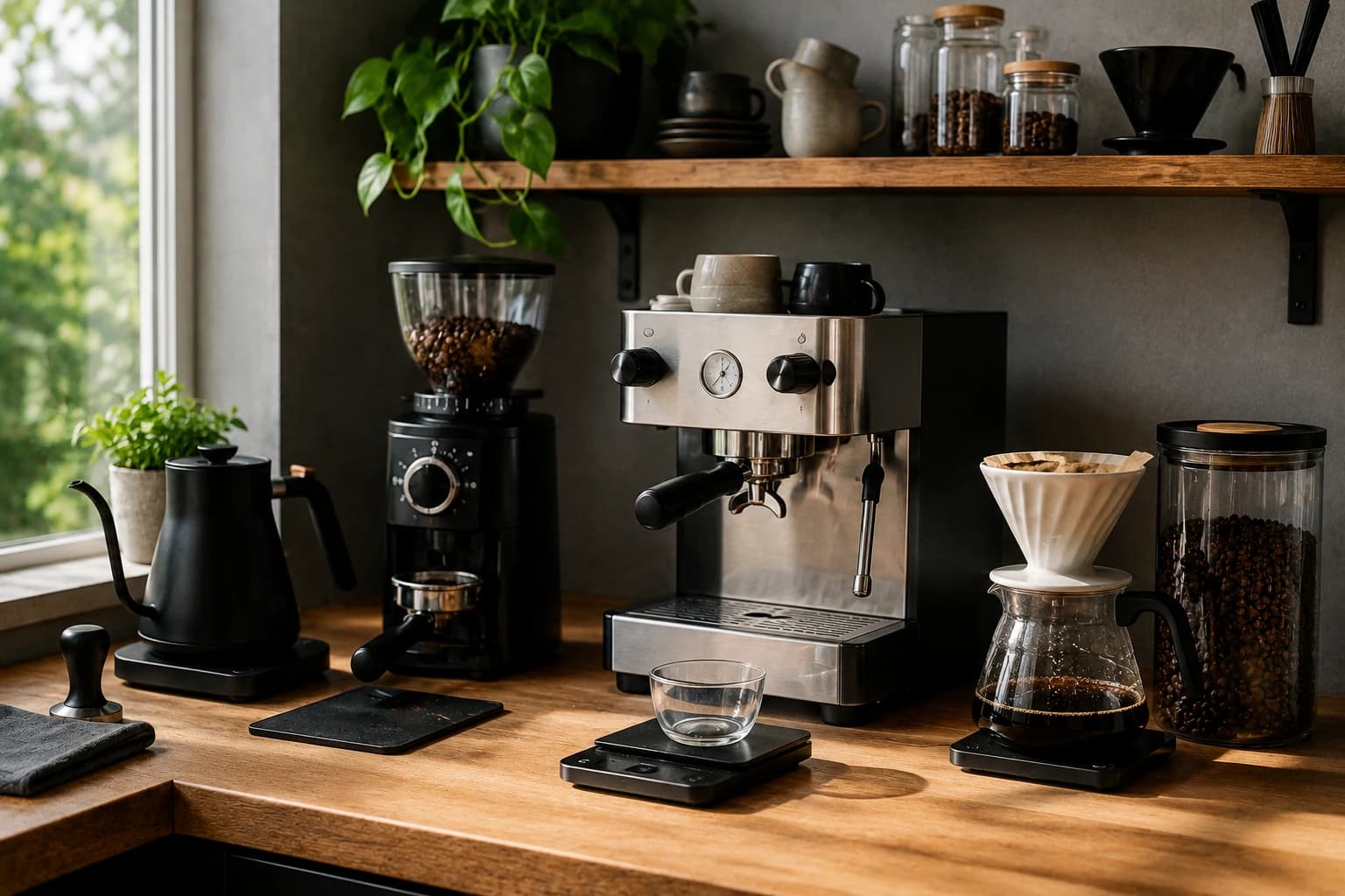 Home coffee bar with espresso machine, grinder, kettle, pour-over brewer, scales, and coffee beans