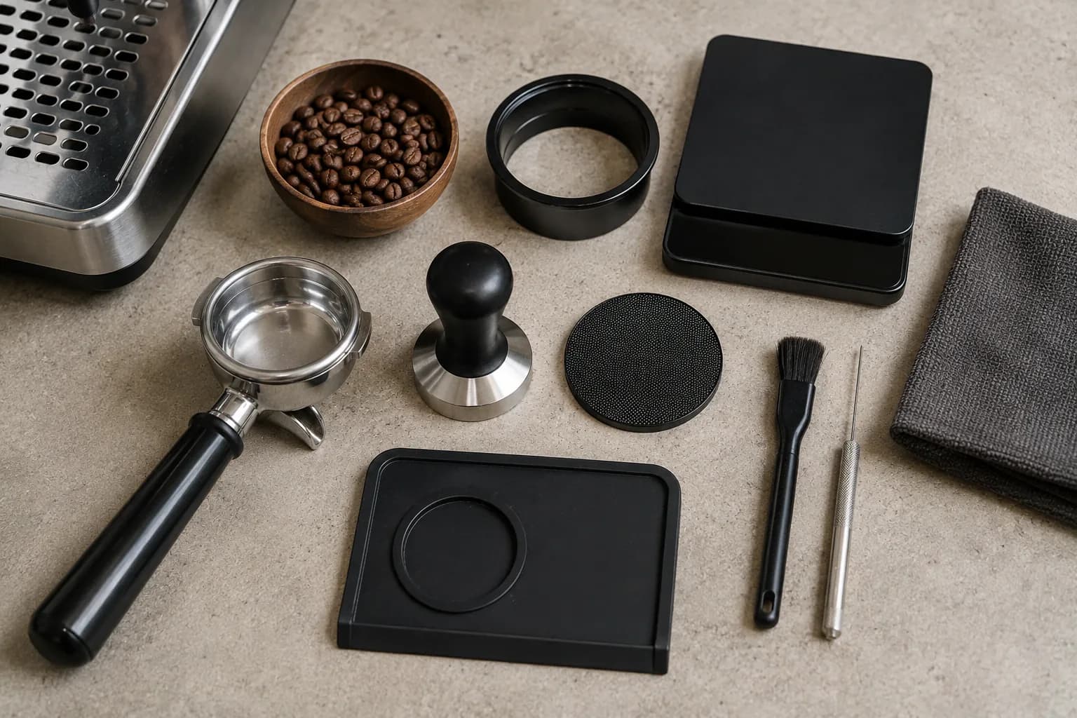 Overhead arrangement of an espresso portafilter, tamper, scale, dosing funnel, WDT tool, brush, cloth, beans, and puck-preparation accessories.