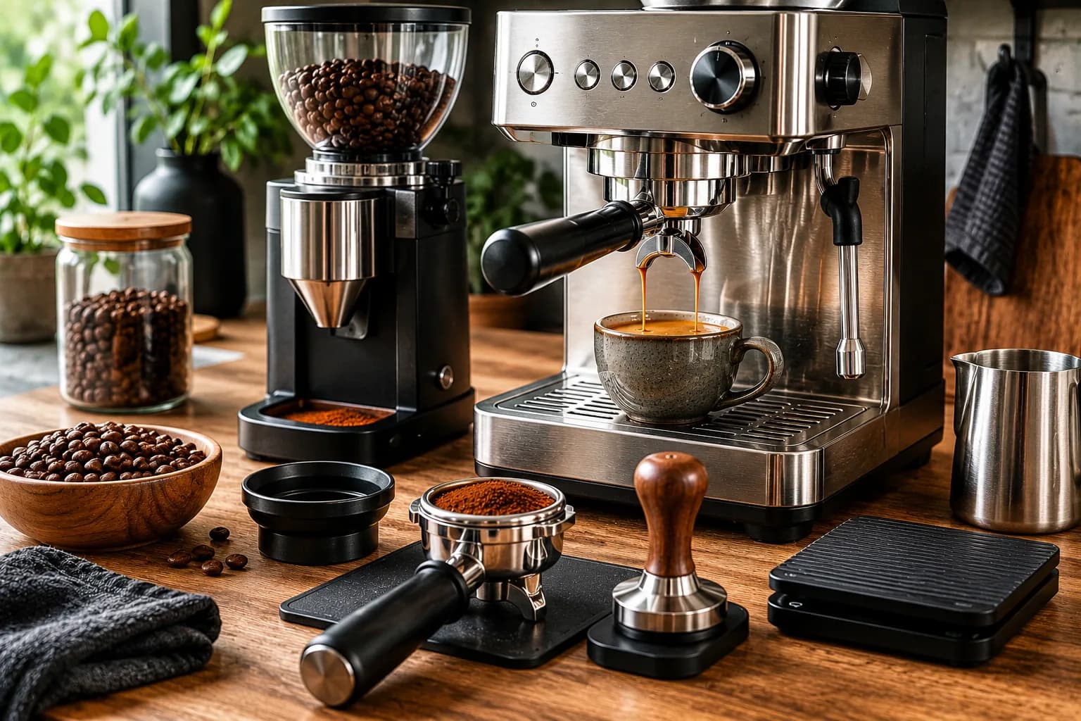 Home espresso workstation with a machine pulling a shot beside a grinder, scale, portafilter, tamper, milk pitcher, funnel, and coffee beans.