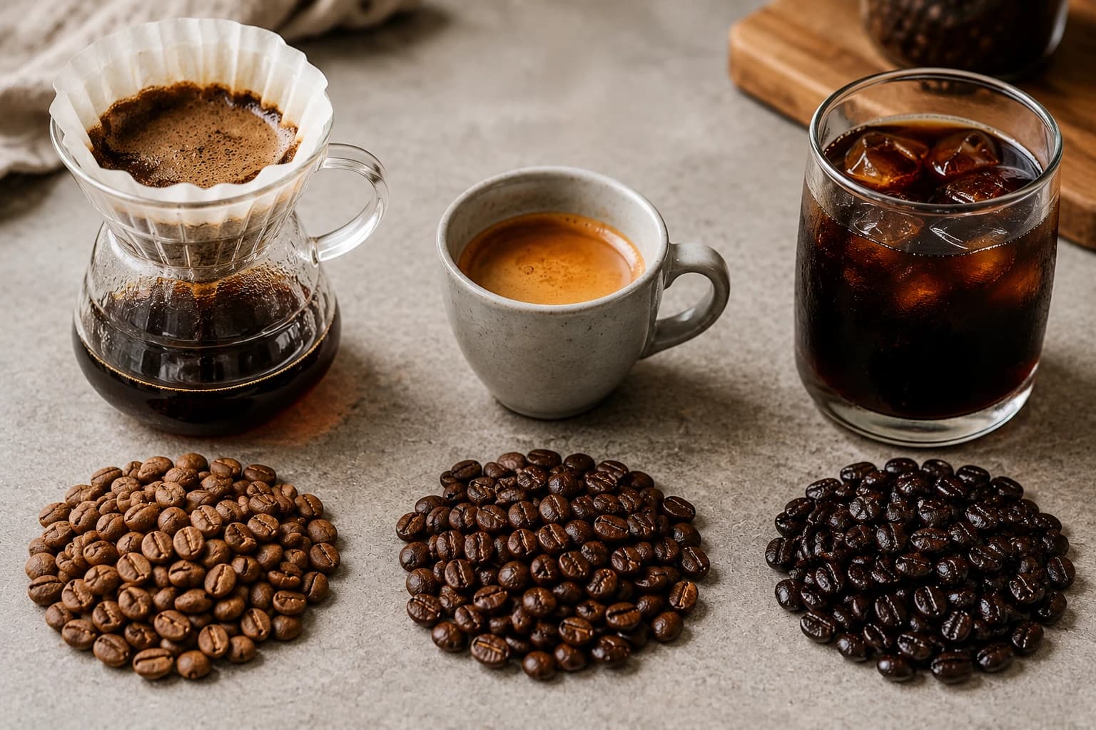 Roasted coffee beans beside a labeled coffee bag, tasting cup, and spoon for evaluating coffee.