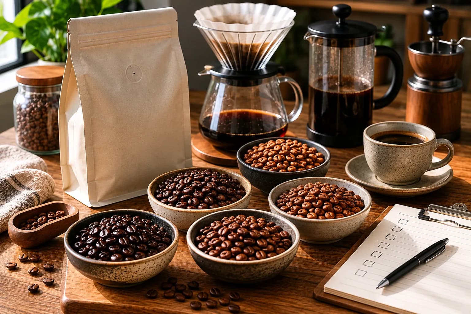 Coffee bean samples, brewing equipment, and a checklist for choosing coffee beans.