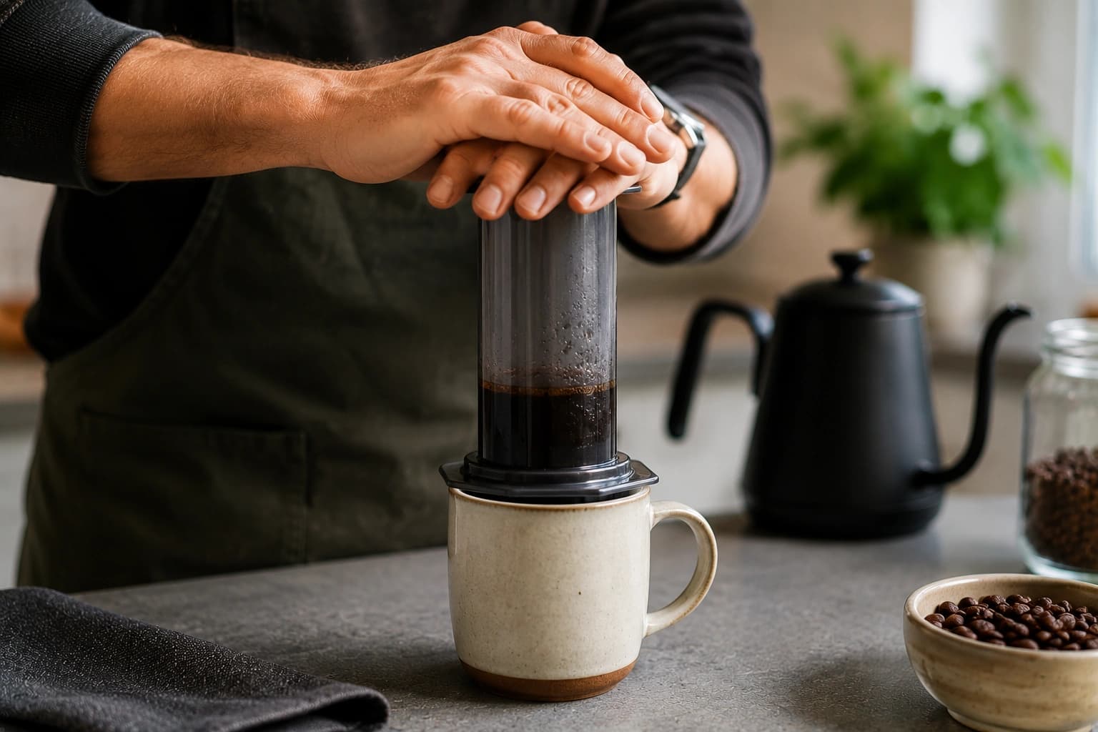 Hands pressing an AeroPress over a mug with coffee, kettle, and beans nearby.