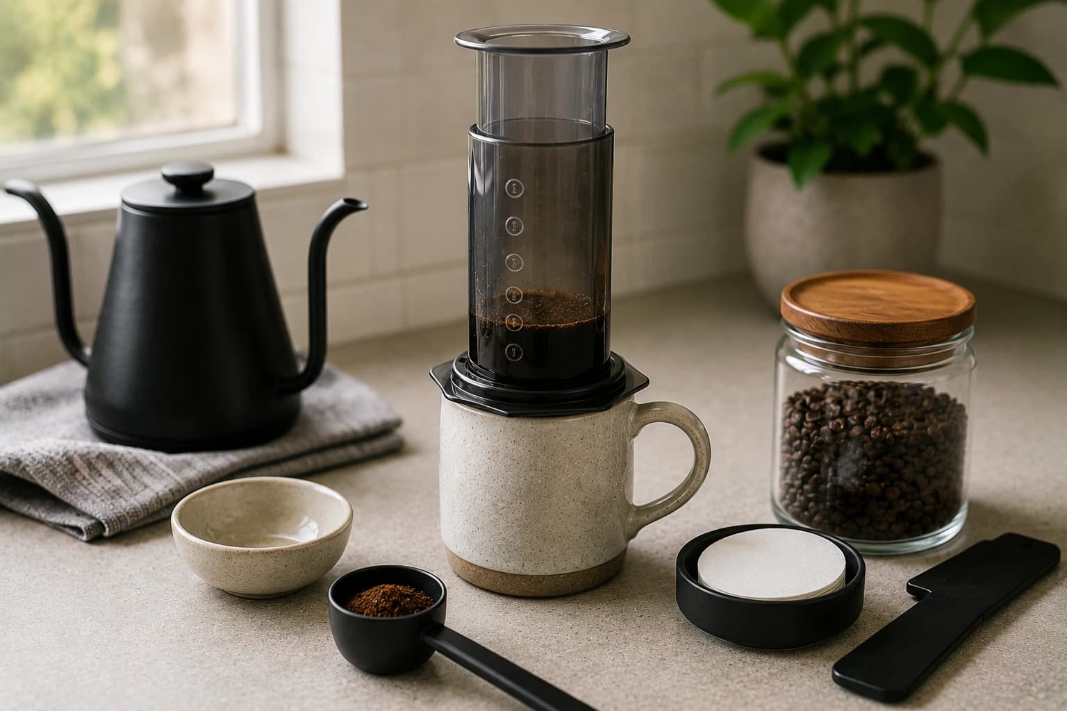 AeroPress coffee setup with brewer, mug, kettle, beans, scoop, filters, and ground coffee on a kitchen counter.