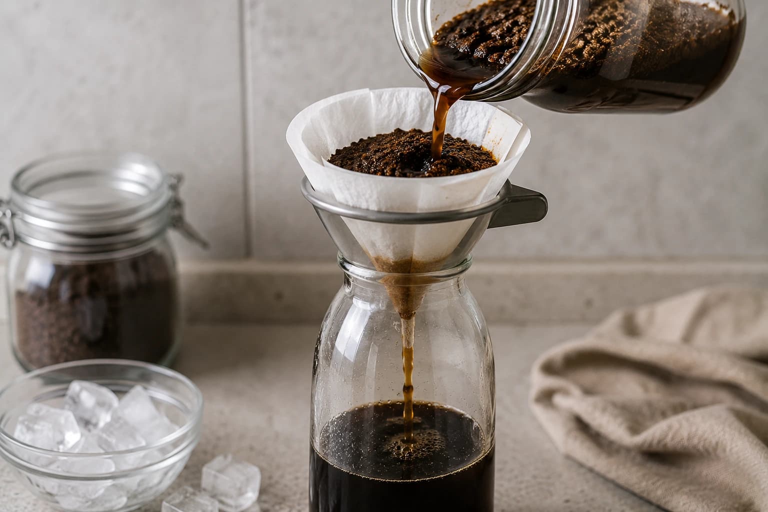 Cold brew concentrate filtering through a paper filter into a glass carafe beside ice.